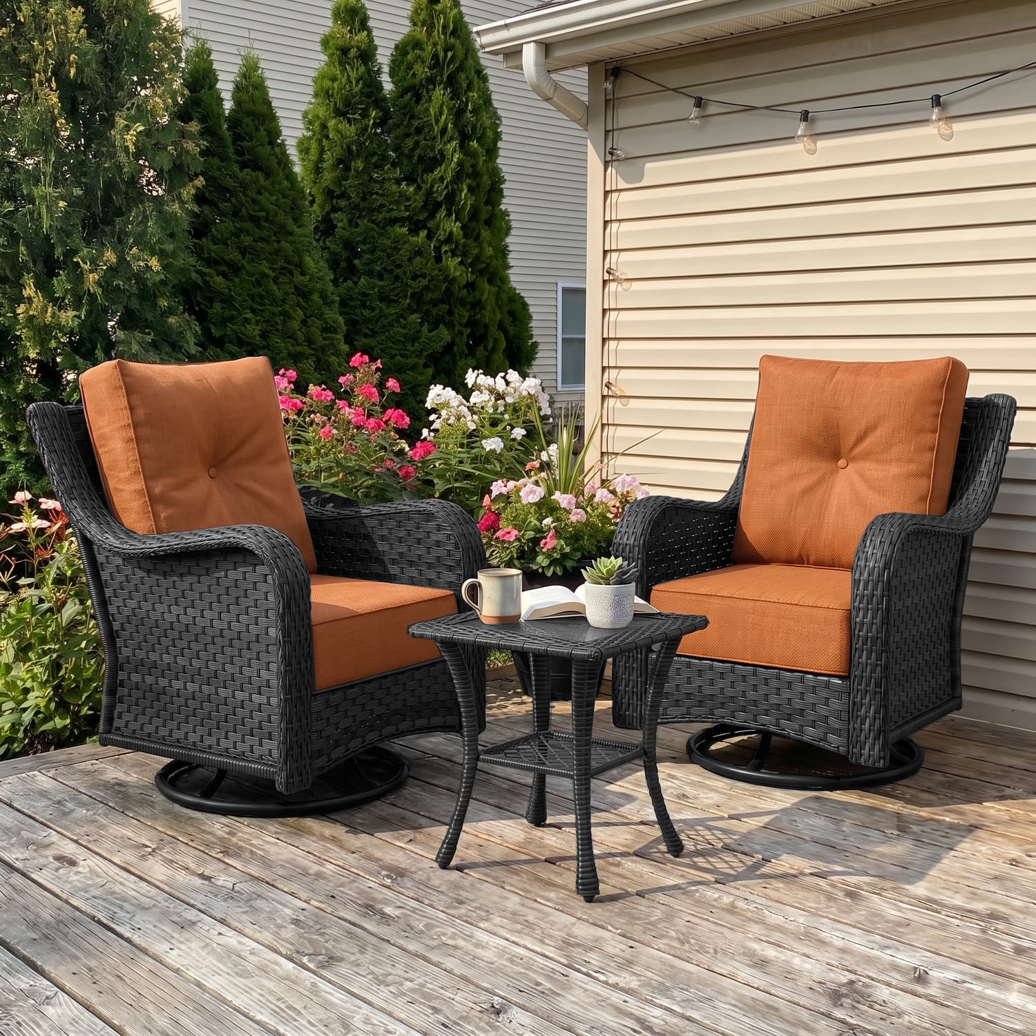 LayinSun 3 Piece Wicker Outdoor Furniture Set with 6-inch Comfy Cushions