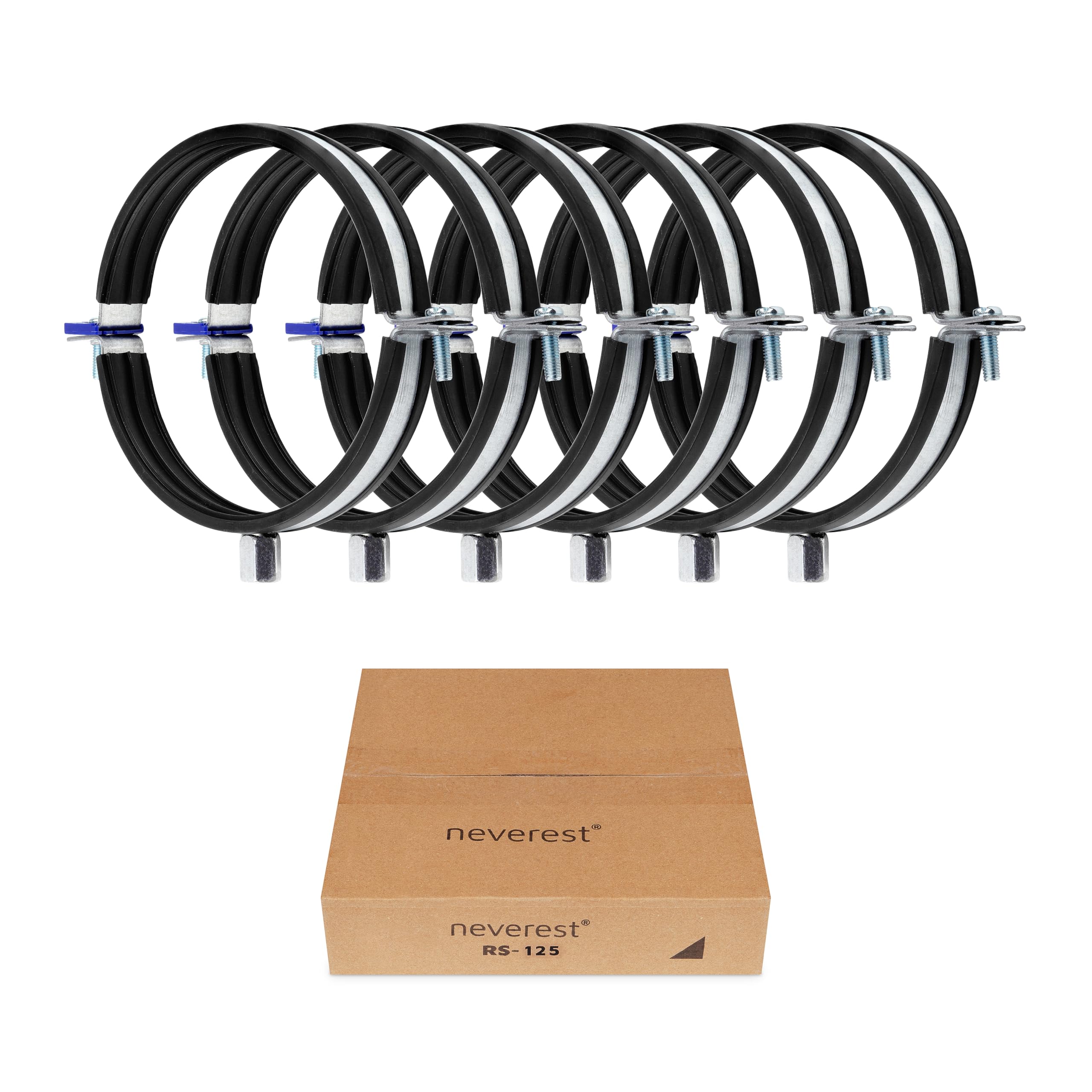 neverest® RS Rohrschellen 125mm (6 Stk) – Fallrohrschelle aus verzinktem Stahl mit EPDM Gummidichtung – Kombigewinde M8/M10 – Rohrhalterung für Lüftung, Abwasser & Regenrohr