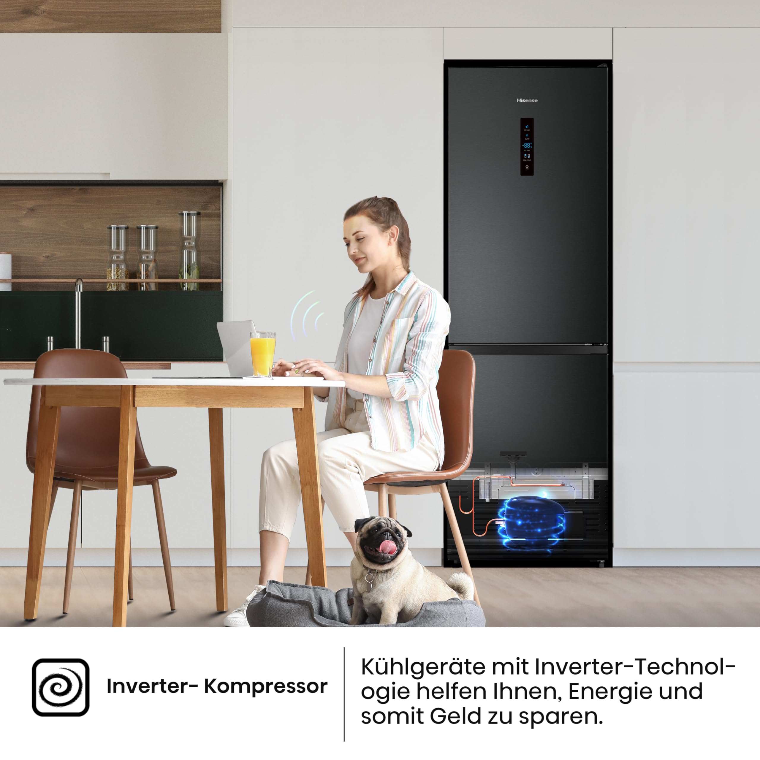 Hisense RB390N4BFC Kühl-Gefrier-Kombination Total No Frost Multi Air Flow LED Display Black Inox EEK C