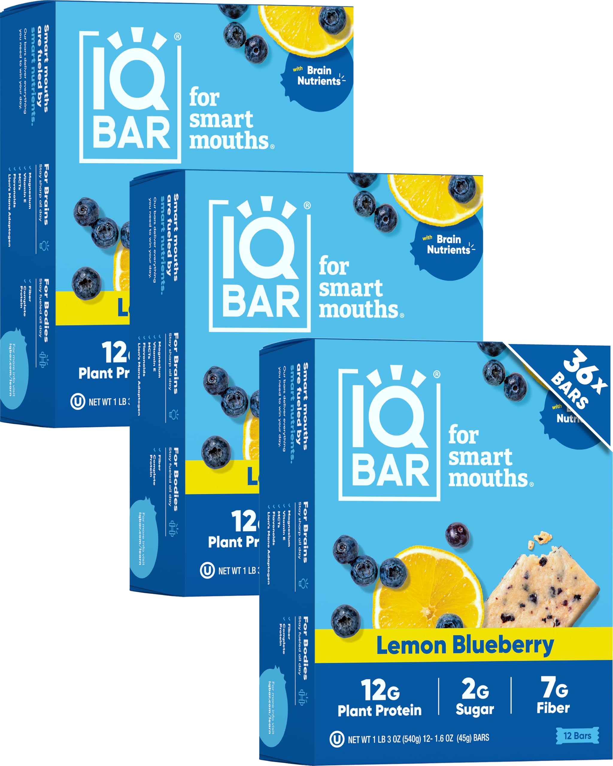 Brain and Body Plant Protein s - Lemon Blueberry - 36 Count, Low Carb, High Fiber, Gluten Free, Healthy Vegan Snacks - Low Sugar Keto