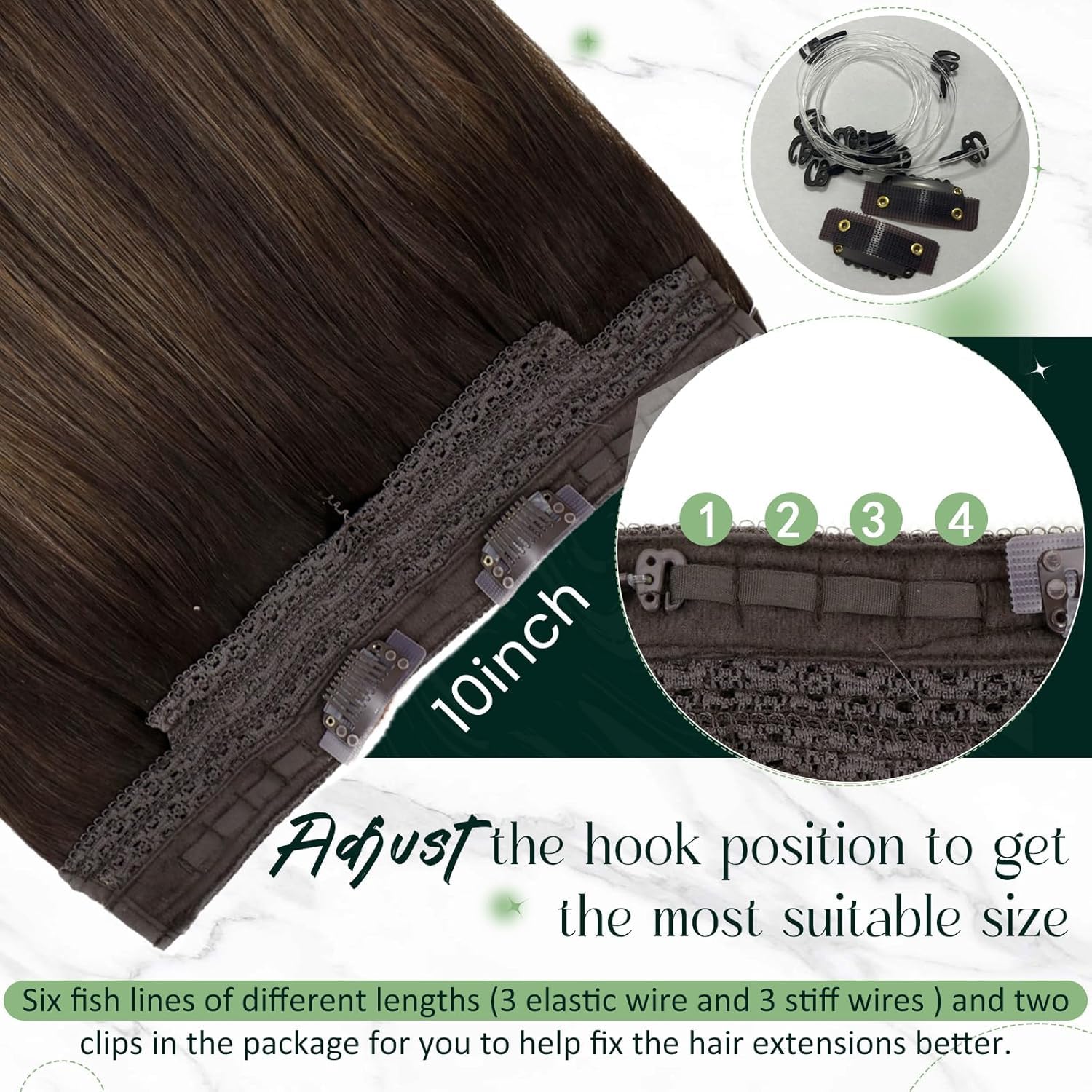 RUNATURE Draht Extensions Echthaar Braun Balayage 40cm 80g #2/2/6 | Verstellbarer Draht Mit Remy Haar – Hitzebeständig, Pflegeleicht. Glatter Balayage-Verlauf, Verhedderfrei, Seidig.