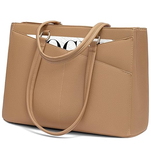 LOVEVOOK Laptop Bag for Women, 15.6 inch Laptop Tote Work Teacher Bags Cancas Computer Shoulder Bag,Apricot