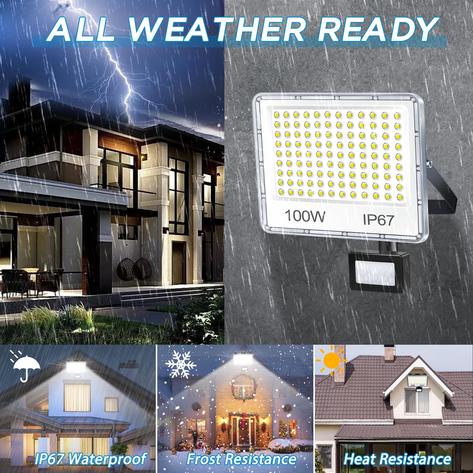 YIQIBRO Faro LED Esterno con Sensore Movimento 100W, Faretto con Sensore di Movimento 10000LM 6500K Bianca Fredda, Impermeabile IP67 Luci da Esterno per Giardino, Terrazza, Garage, Entrata