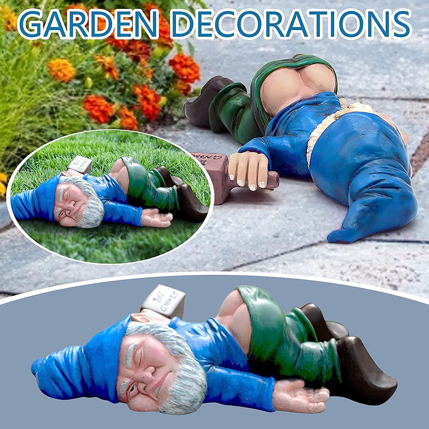 Funny Drunk Dwarf Statue Resin Garden Gnome Decoration for Outdoor Patio Yard Lawn Park Miniature Creative Ornament Elf Crafts Naughty Figurine Collection Farmhouse Decor Gift (Blue) - Image 3