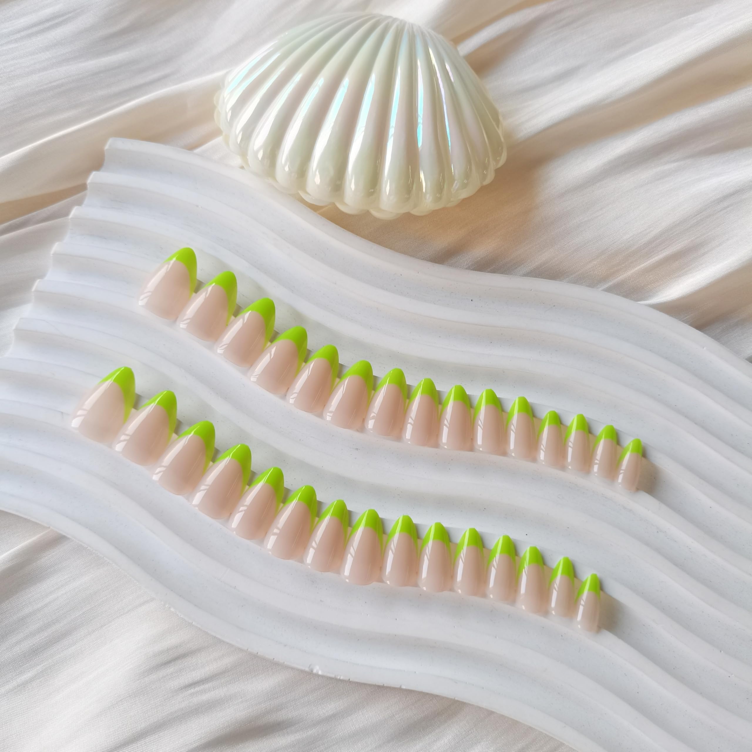 SXVME 30 Pcs Acrylic Press on Nails Short Almond, Neon Green French Tip False Nails Short Pointed Stiletto - Image 4