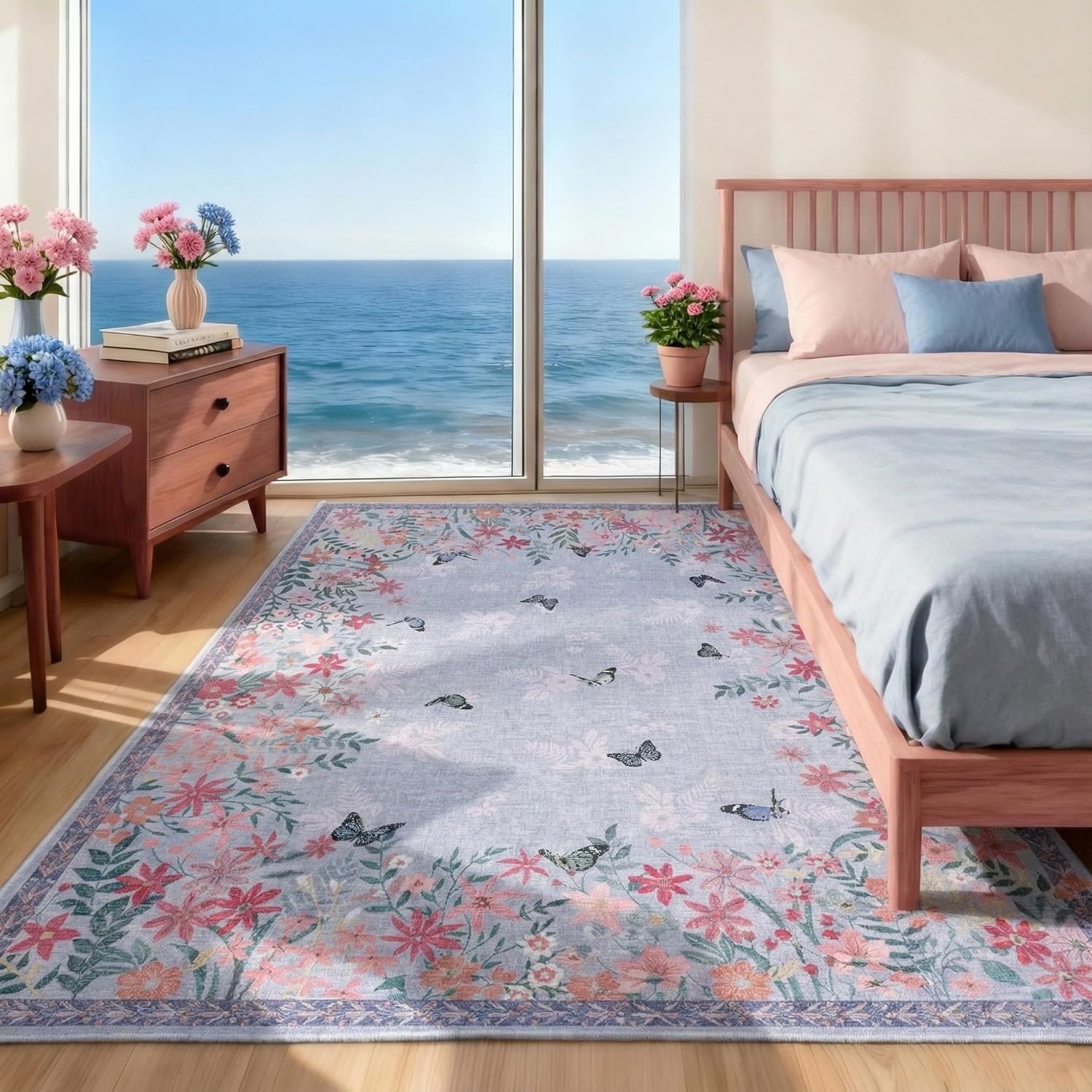 6x9 Purple Floral Rug for Living Room, Machine Washable Area Rugs with Non Slip Backing for Girls Bedroom, Cute Flowers Carpet Kitchen Dining Room Kids Playroom Decor