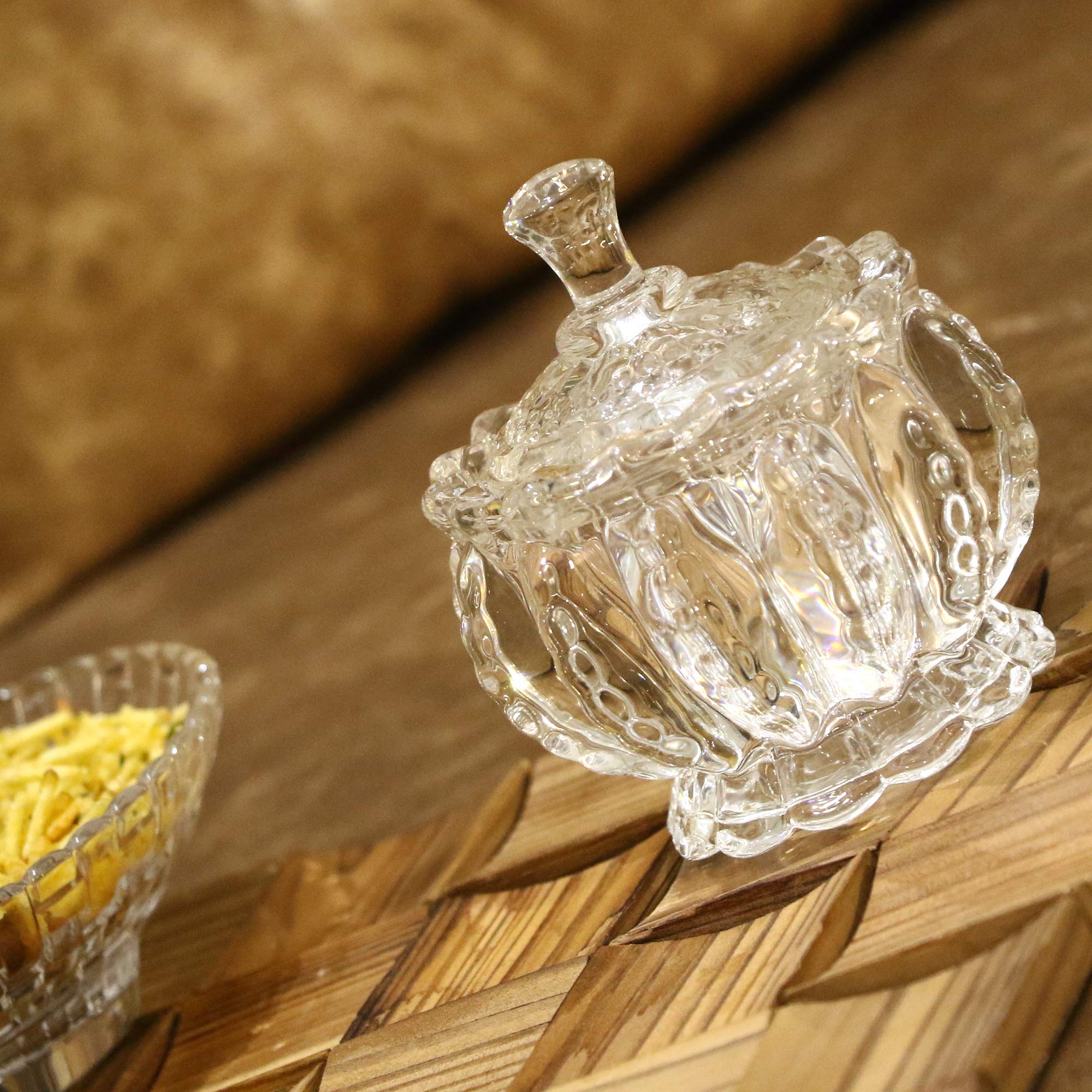 Somil Stylish Glass Candy Bowl with Lid for Sugger, Sweet, Candy, Mouth Freshner, Clear, Glass, 150 Ml, 9.5 X 9.5 X 11.5 Cm