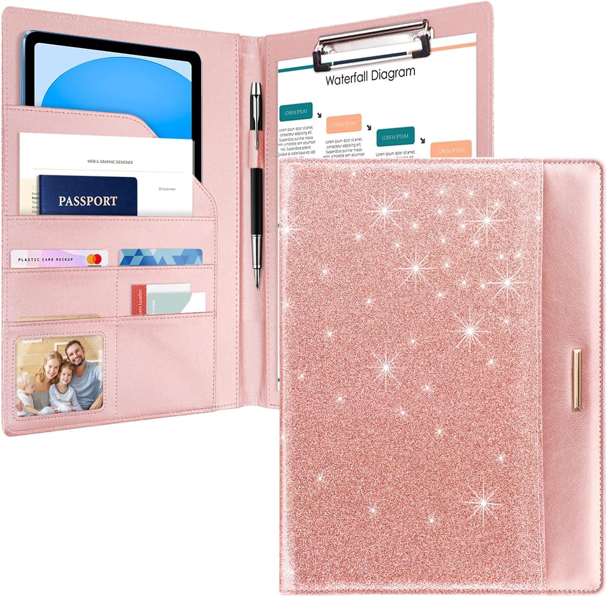 Glitter Pink Padfolio/Resume Portfolio Folder for Women Girls, WAVEYU Cute Chic Padfolio Cover Folder, Conference/Legal Document Organizer with Letter/A4 Size Clipboard, Document Sleeve, Rose Gold