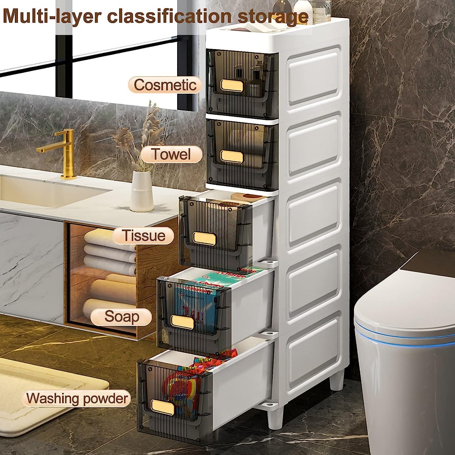 Narrow Bathroom Corner Floor Cabinet, Slim Toilet Paper Storage Cabinet with Clear Drawers and Casters, Bathroom Floor Cabinet Storage Cart for Bathroom, Laundry Room, Kitchen, 3 Tier, Grey