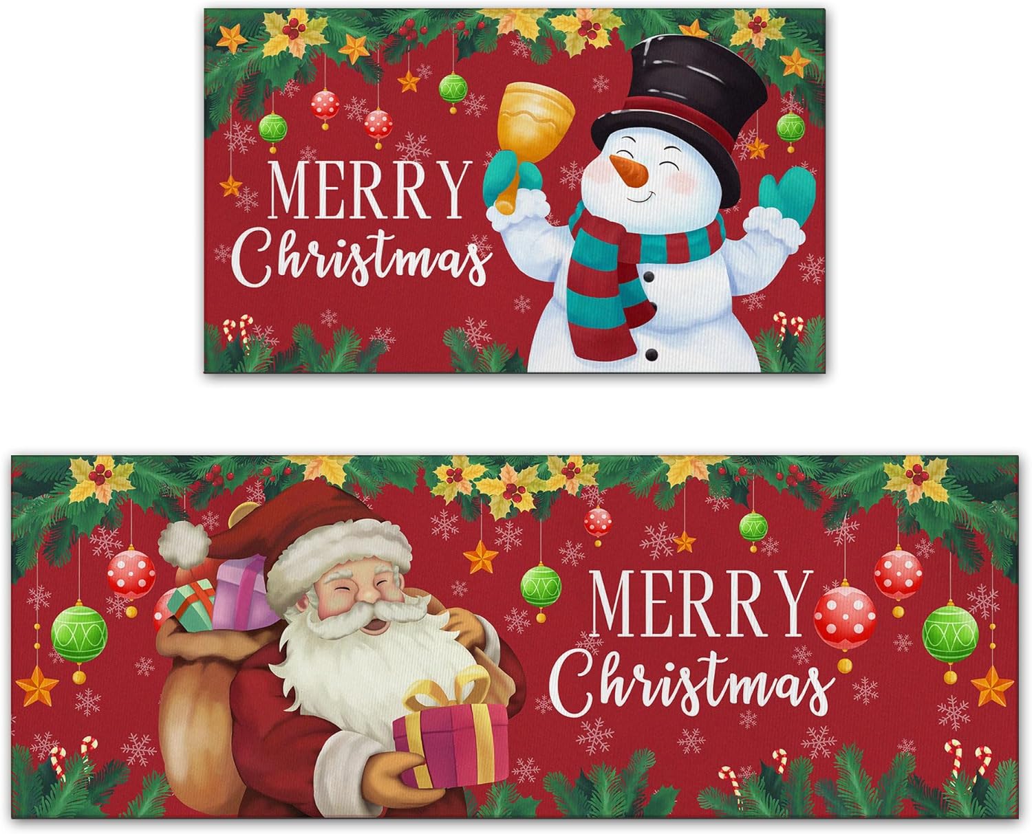 Merry Christmas Kitchen Rugs Set of 2 - Christmas Santa Snowman red Kitchen mat, Winter Holiday Party Low-Profile Floor Door Mat Winter Christmas Decorations for Home Kitchen - 17x29 and 17x47 Inch