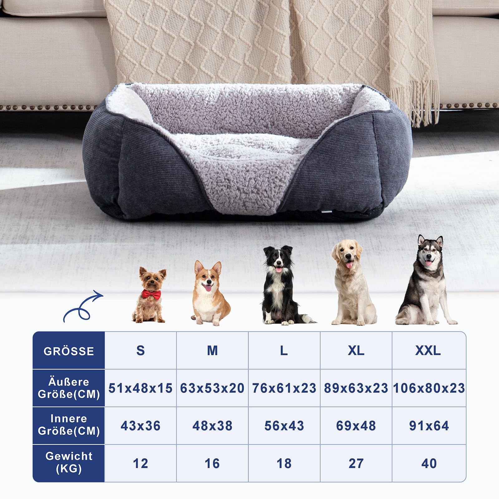 JOEJOY Cuccia Cane Interno Taglia Piccola Medio, Lavabile, Letto morbida e antiscivolo, rettangolare, M(63×53×20 cm) Grigio