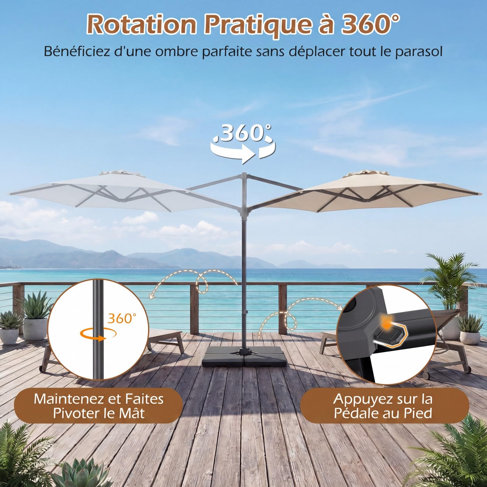 COSTWAY Parasol de Jardin Extérieur, Parasol Déporté Hexagonale avec Rotation 360° Réglable, Socle en Croix, Amovible, Support Métallique, Protection Solaire, pour Balcon, Patio, Terrasse (Beige)