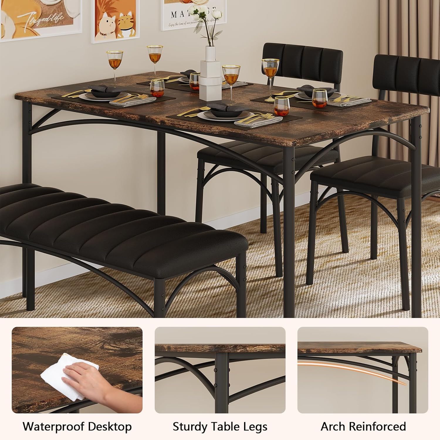 4 EVER WINNER Dining Table Set for 4, Kitchen Table with Upholstered Chairs and Bench, 4-Piece Kitchen Table and Chairs for Small Spaces, Dining Room, Rustic Brown