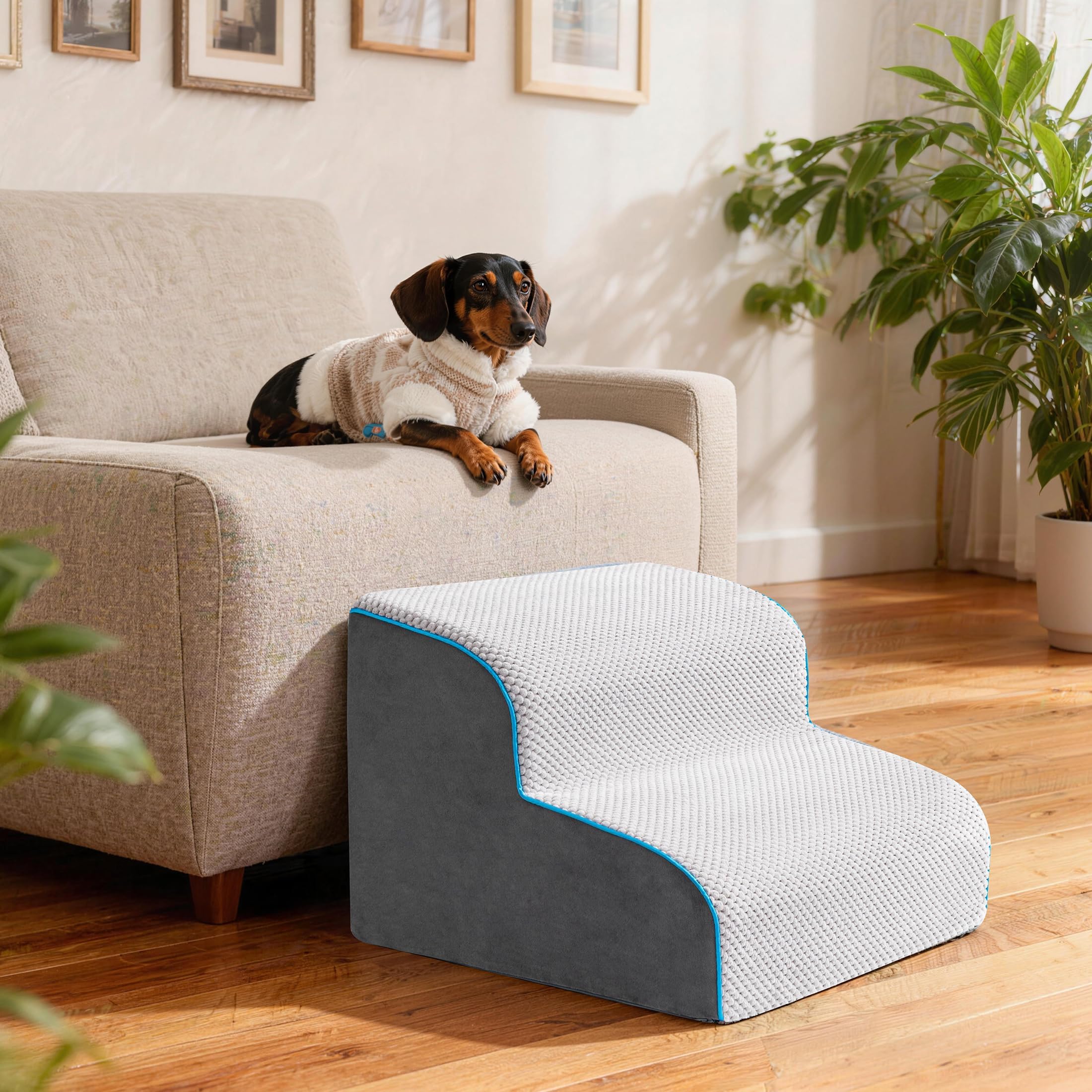 Escalera para Perros y Rampa para Cama Alta y Sofá, 33-61 cm Escaleras Desmontables para Perros Pequeños y Medianos, Espuma 40D Robusta, Antideslizante, Funda Lavable con Rodillo Quita Pelusas, Gris