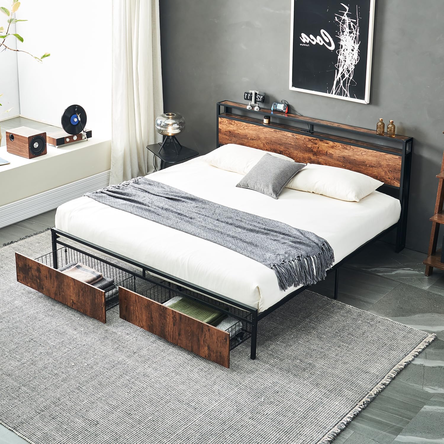 King Size Bed Frame and Headboard with Storage, Bed Frame with Headboard, Built-in USB Charging Station, Noise-Free'No Box Spring Required - Luxurious Brown