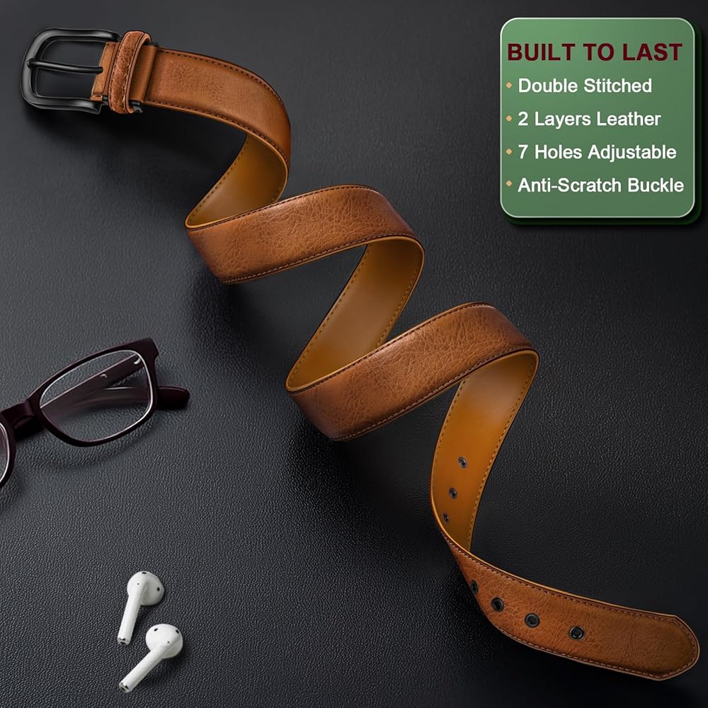 KEMISANT Men Leather Belt 7Holes Adjustable for Jean Casual Dress