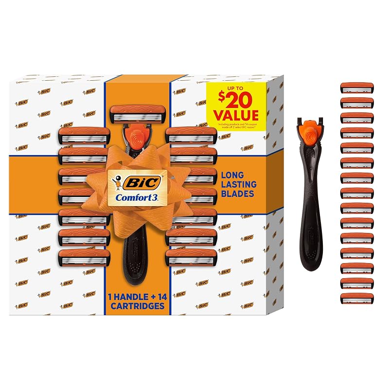 BIC Comfort 3 Aparelho de Barbear Recarregável Masculino com 3 Lâminas, 1 Cabo e 14 Cartuchos
