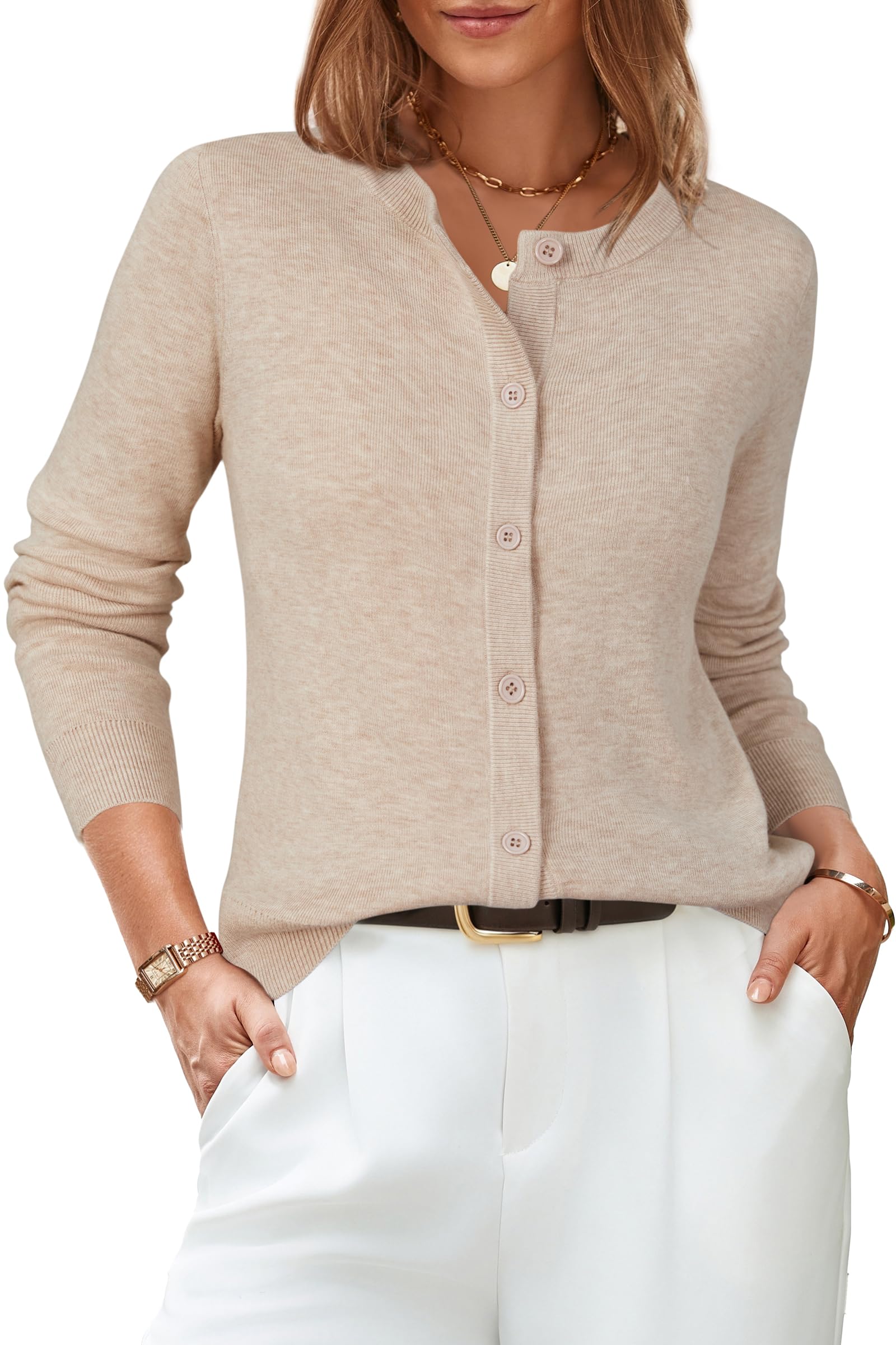 Arach&Cloz Strickjacke Damen Wolle Blend Weich Rundhals Cardigan Business Casual Langarm Tops mit Knopf