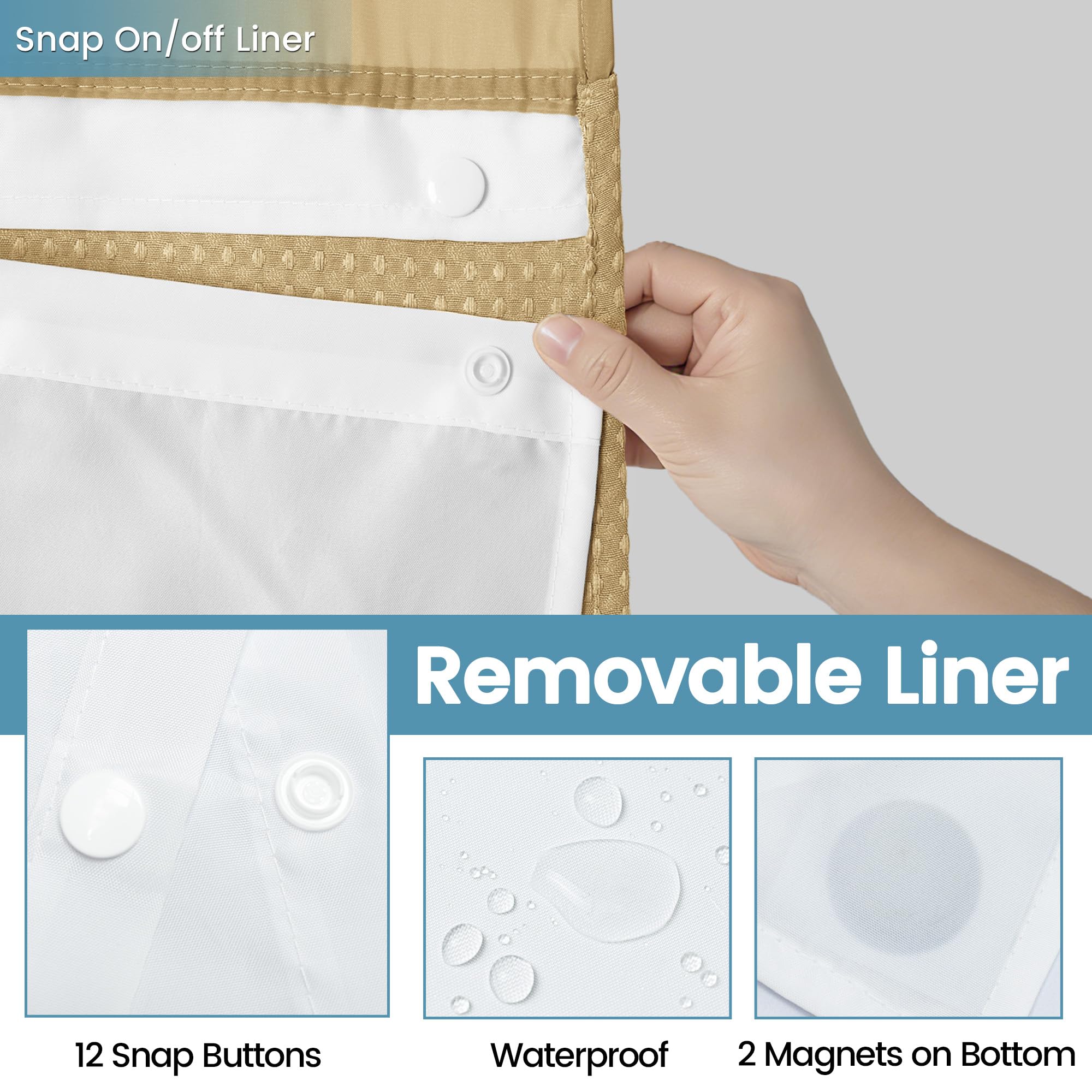 EUTXL Long Rideau de Douche Beige sans Crochet avec Doublure à Clipser, 230 g/m², Tissage gaufré pour Salle de Bain, 180 x 218 cm (l x H)