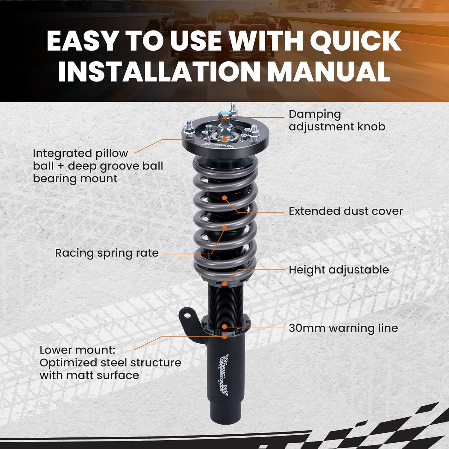 maXpeedingrods Racing Coilover for BMW E46 316i 318d 320i, 323i 325i 328i 330i 1998-2006, 24 Levels Damping Adjustable Coilovers Suspension Kit, Height Adjustable T7 Upgraded Lowering Kit