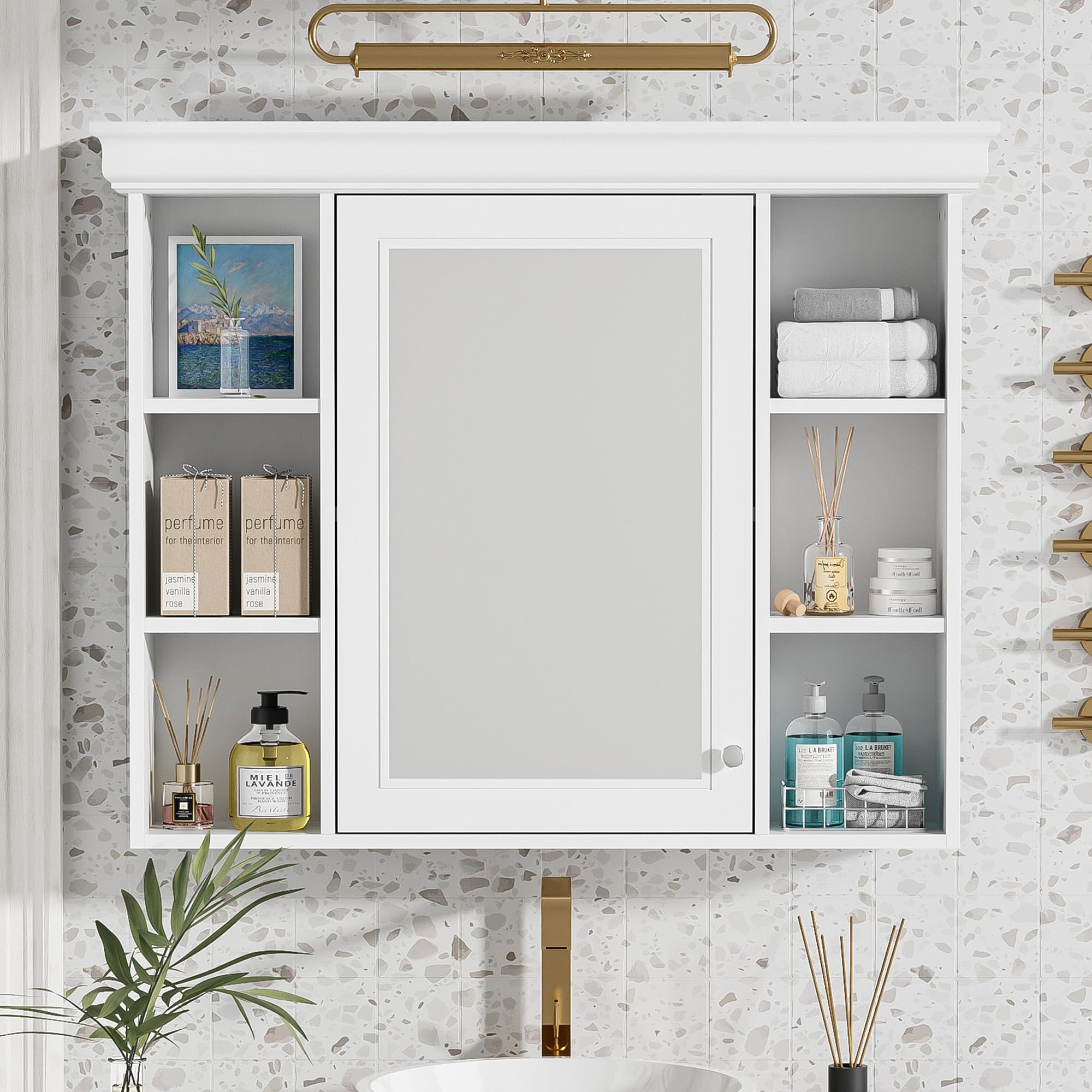 Merax Country Bathroom Medicine Cabinet with Mirror, Farmhouse Wall Mounted Medicine Cabinet with Door and Shelves, Over The Toilet Mirrored Bathroom Storage Wall Cabinet
