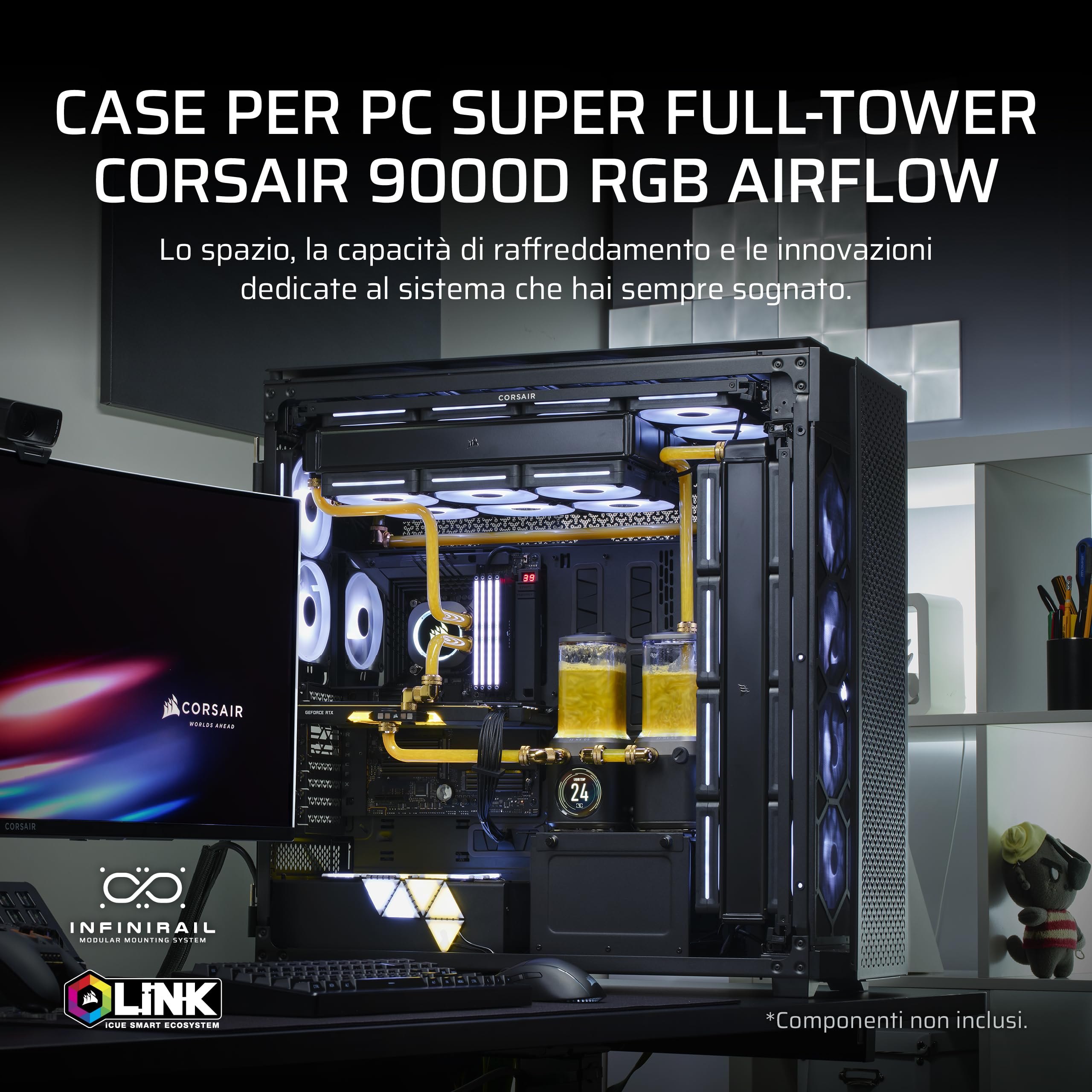 CORSAIR 9000D RGB AIRFLOW Case per PC Super Full-Tower – Spazio Mastodontico – Attacco ventole InfiniRail™ – Nessuna Ventola Inclusa – iCUE LINK System Hub Incluso – Nero