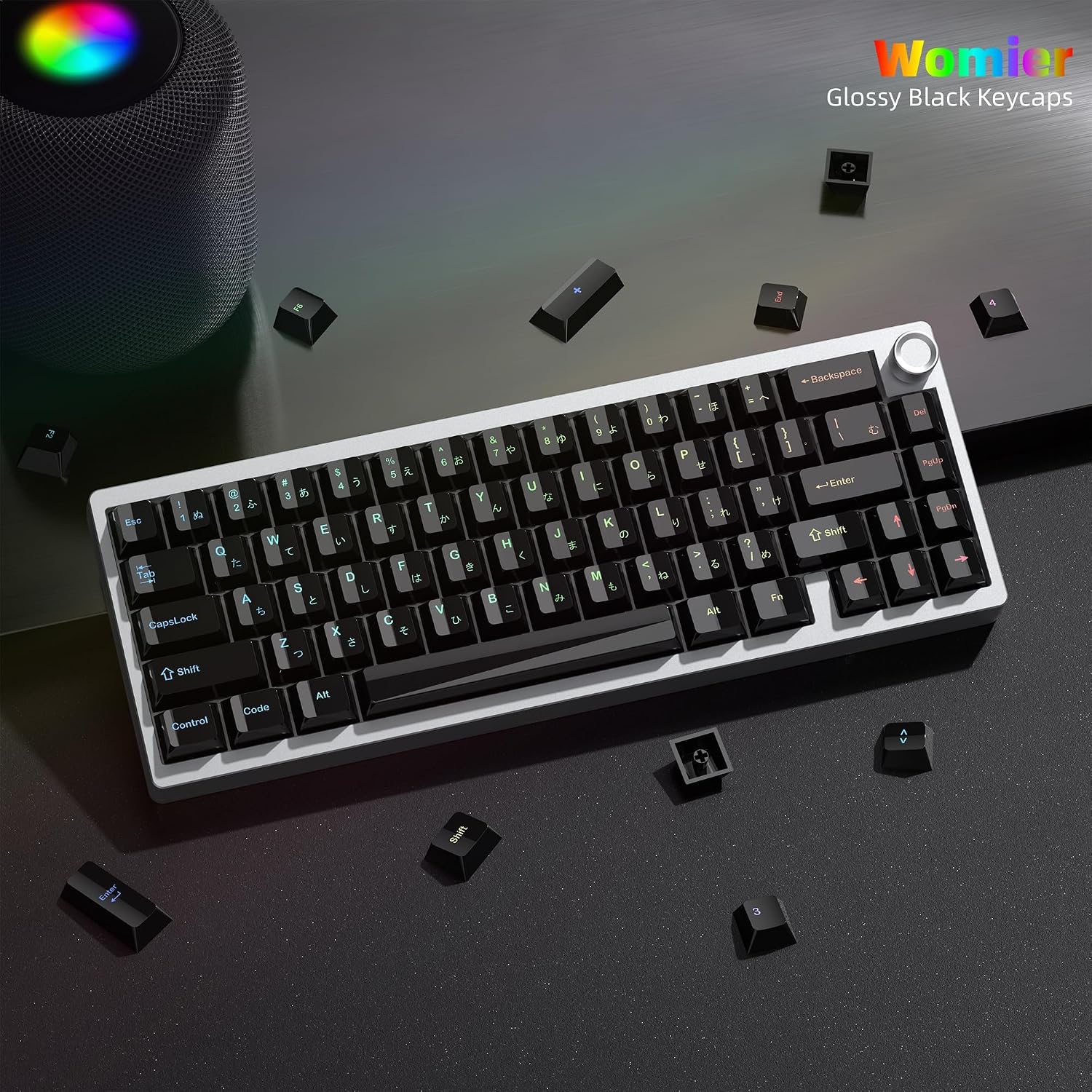 Womier Black Keycaps for Mechanical Keyboard, Ceramic Style Keycaps Set | Glossy Cherry Profile Custom Key caps with Color Character for 60 75 100% Mechanical Keyboards with Cherry MX Switches