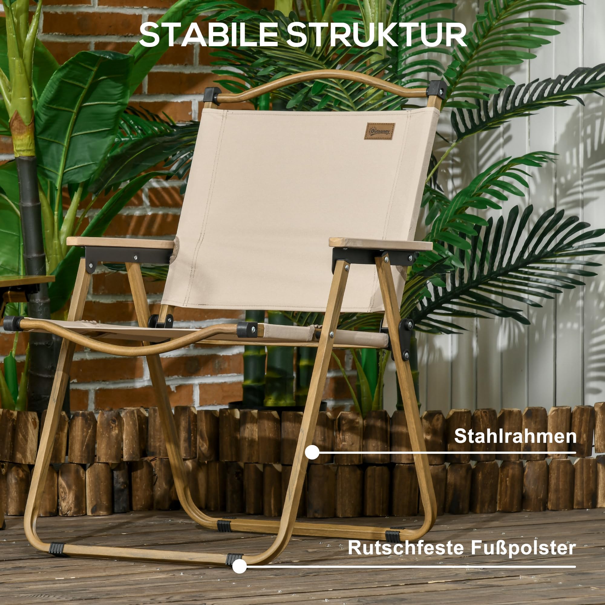 Outsunny Campingstuhl 2er Set Faltbar mit Stahlrahmen Holzoptik Khaki | Gartenstuhl, Klappsessel, Camping Klappstühle, für Pool, Strand, Oxford