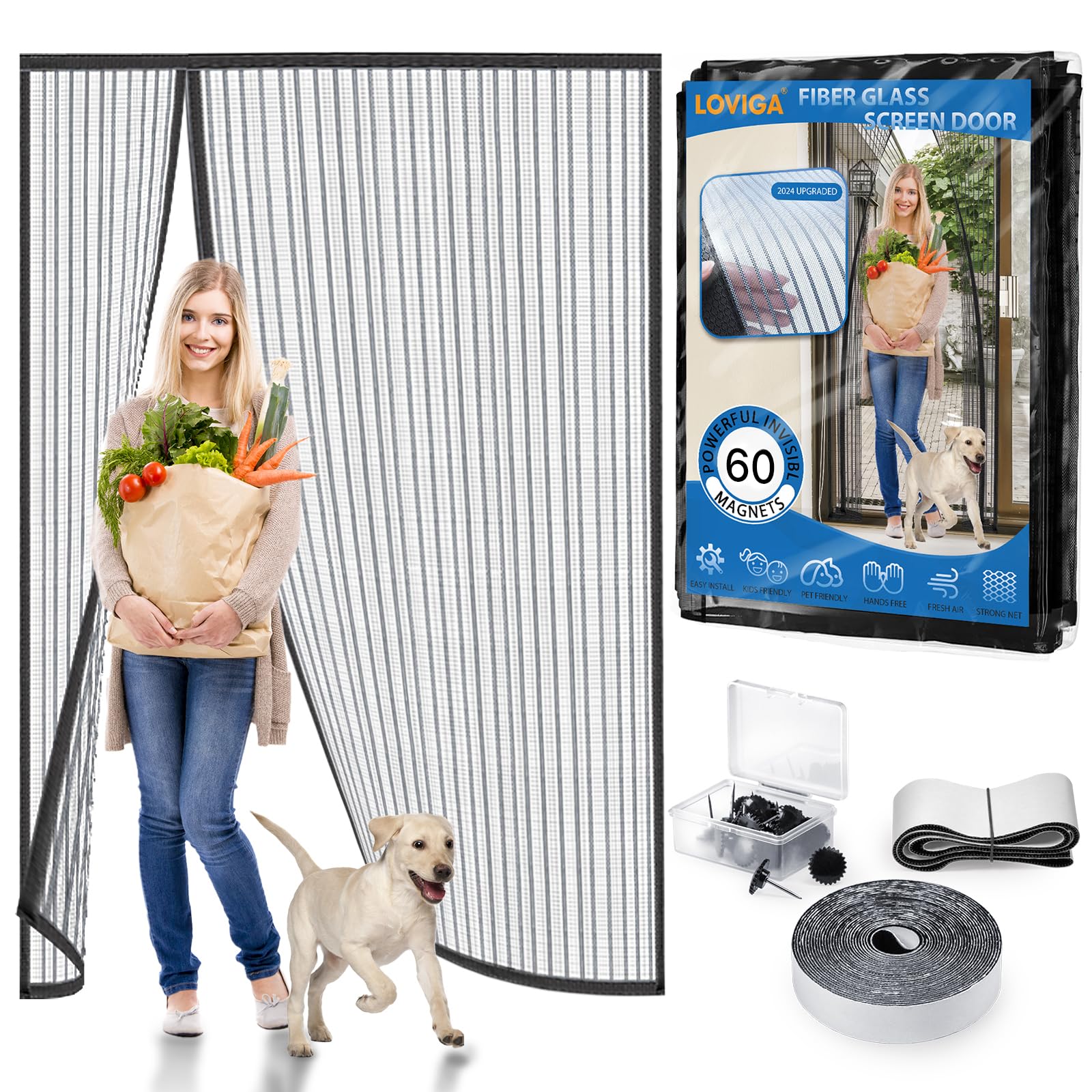 Moustiquaire porte magnétique robuste Loviga maille fibre de verre auto-scellante ouverture gauche
