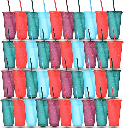 Miniatura 8 de Vaso de plástico de 24 onzas con tapas y pajitas con popote y tapa vaso con purpurina taza de café helado reutilizable botella de agua para fiesta