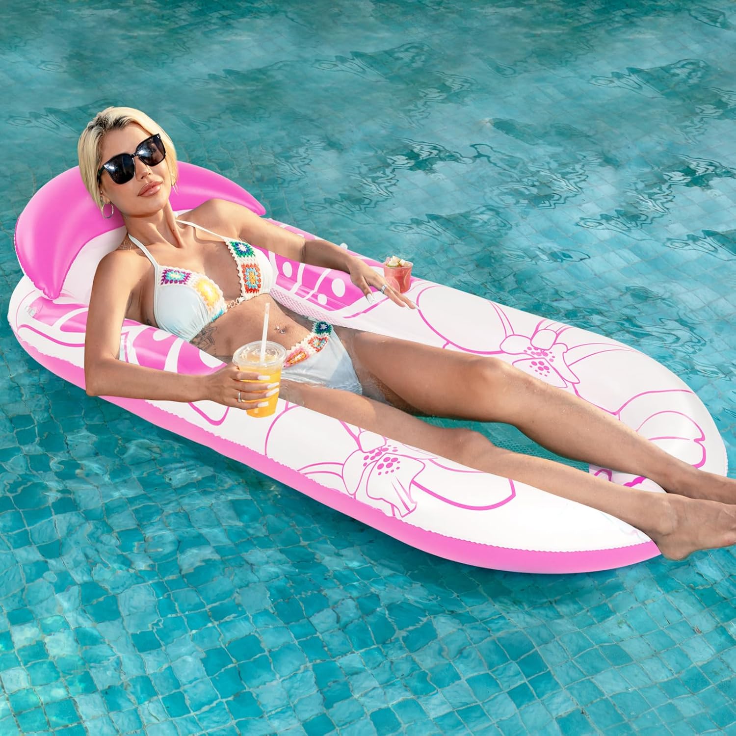 Inflatable Pool Lounge Float-Floaties Rafts for Adults Floating Lounger Sun Tanning Floats Cool Water Floaty Swimming Lake Beach Party Toys with Cup Holders