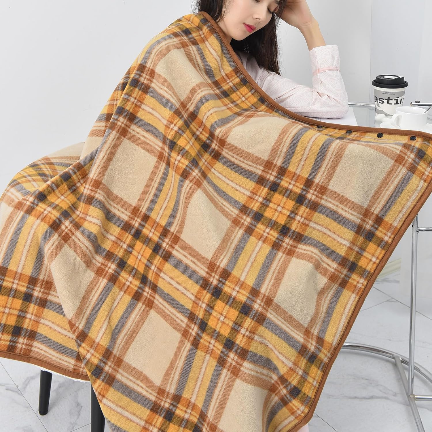 forestfish Fleece Wearable Blanket, Plaid Lap Blanket Comfy Poncho Throw with Buttons for Bed Sofa Office, Yellow - Image 4