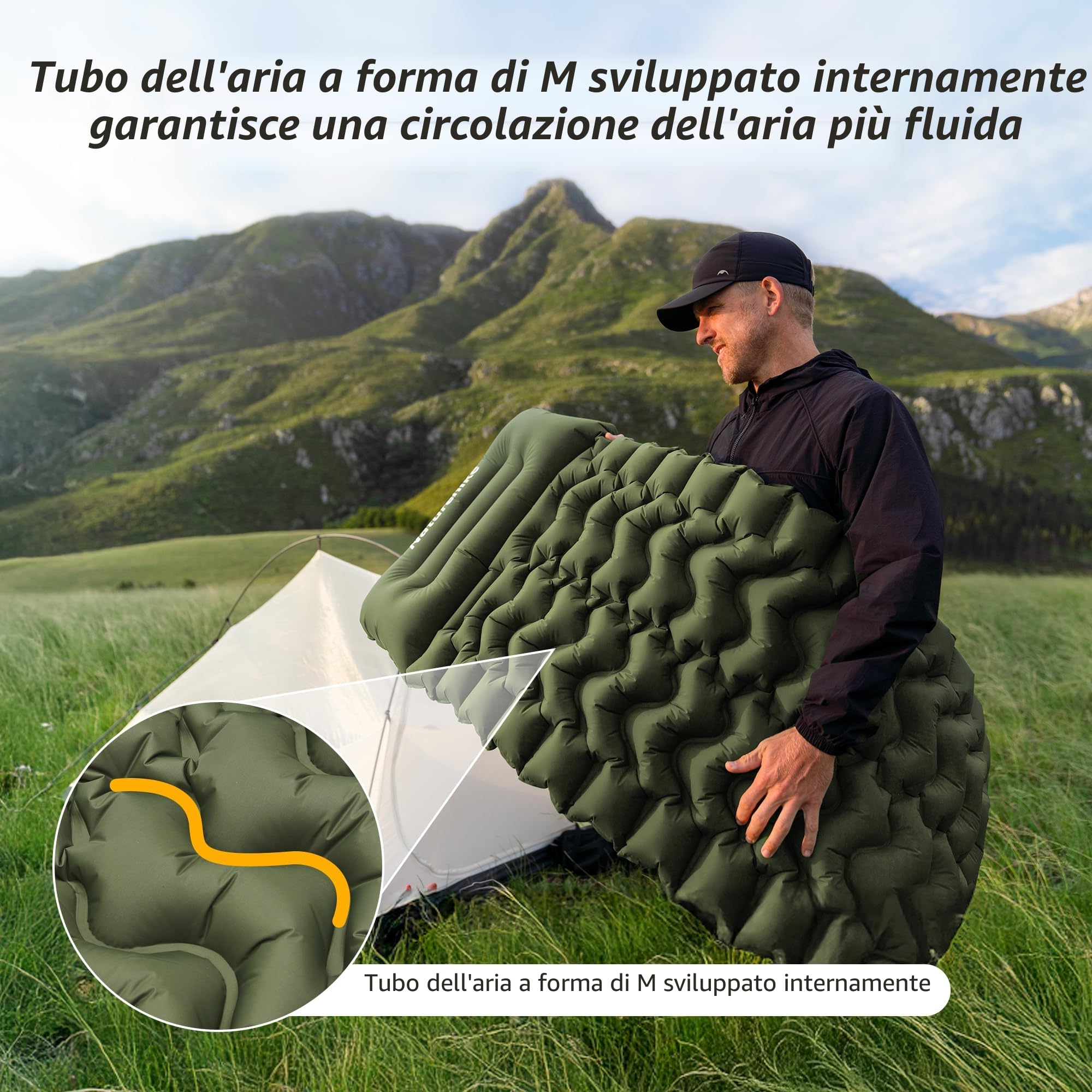 Naturehike Materassino da Campeggio con Cuscino, Ultraleggero, Gonfiabile, Pompa ad Aria Integrata, Facile da Gonfiare, Adatto per Tende da Trekking, Livello di Ingresso (Verde militare - Doppio)