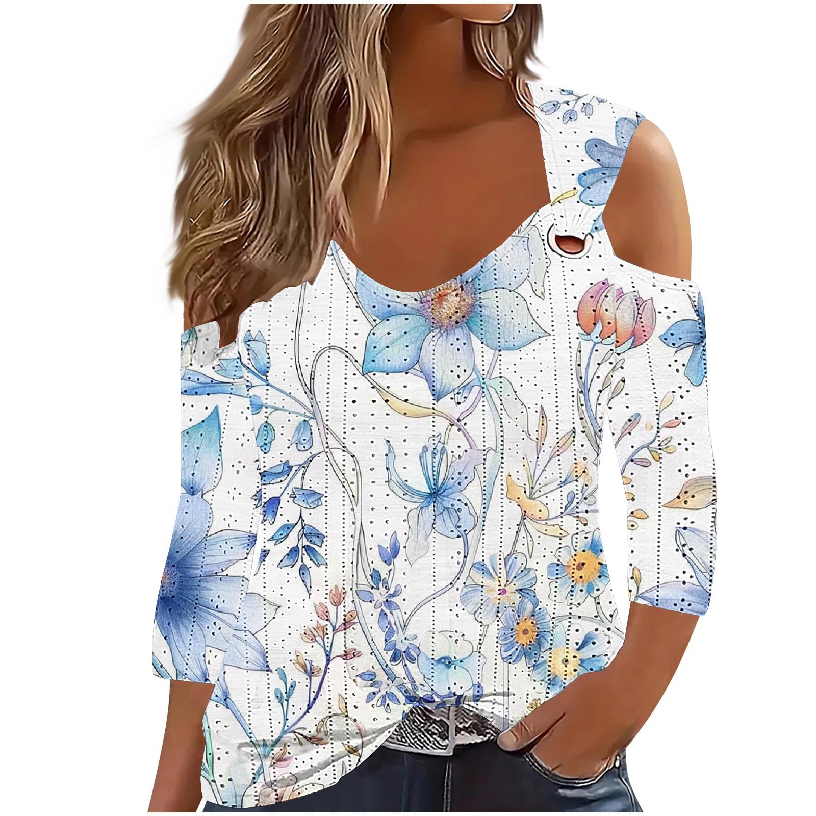 Cold Shoulder Tops Retro Vintage Floral Print Shirts Long Sleeve O Ring Scoop Neck Blouse Tunic Eyelet Casual Tshirts