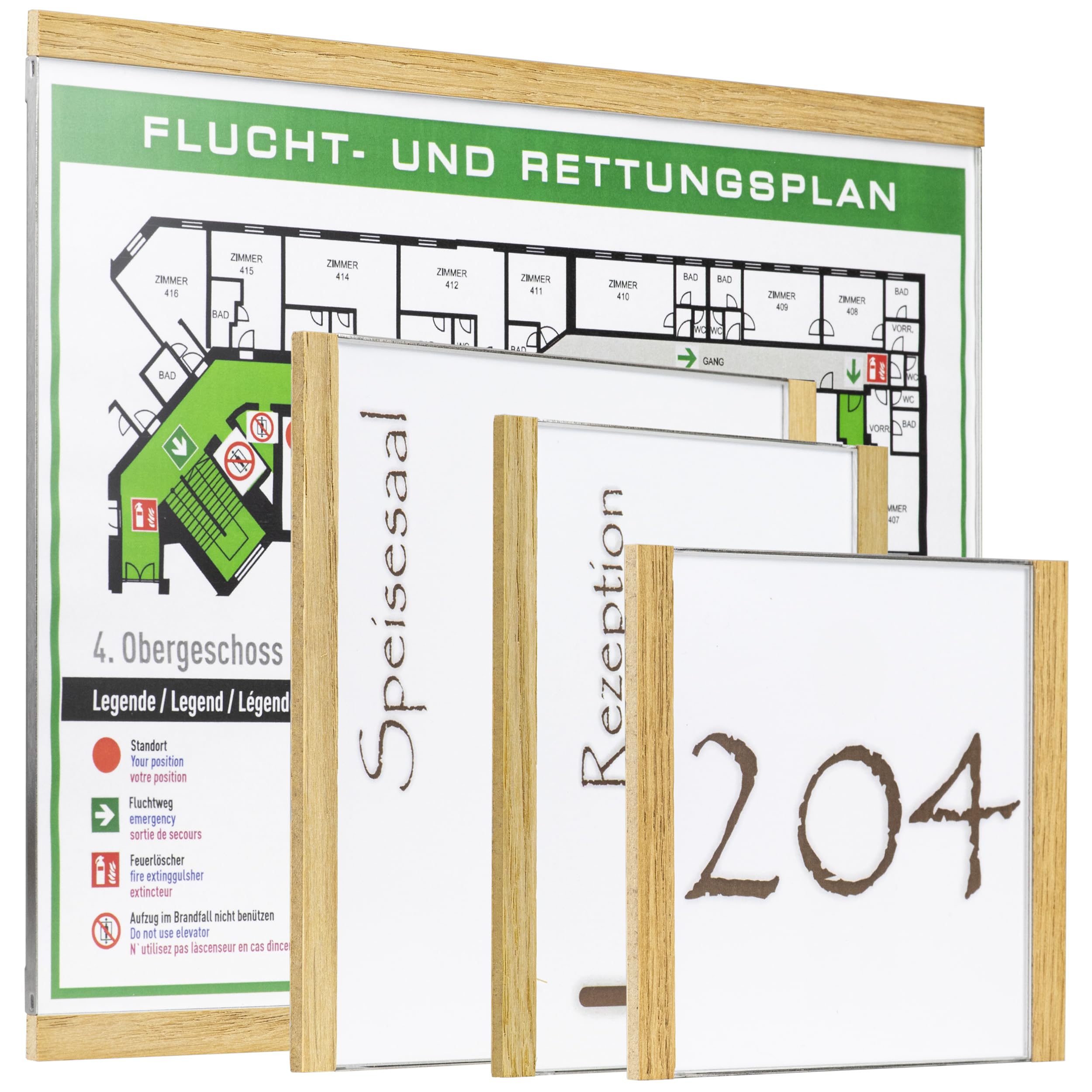 NIRO.clic-eiche Türschild 5er-Set – Edles Edelstahlschild mit Eichenholz-Abschlüssen – Büroschild mit entspiegelter Acrylabdeckung – Made in Austria (5 Stück, 124,5 x 150,5 (A6))
