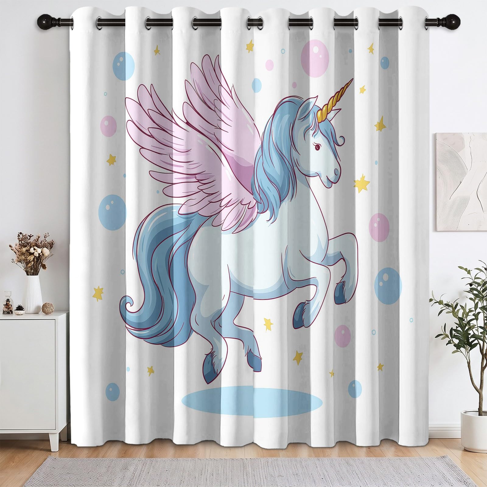 Générique Rideau Licorne Opaque 100% Occultant 2 Panneaux 132Lx240H cm, Isolant Thermiques Anti Froid Chaleur, Rideaux Conte Fées Mignon Chambre Fille Chambre Salon, avec Oeillets