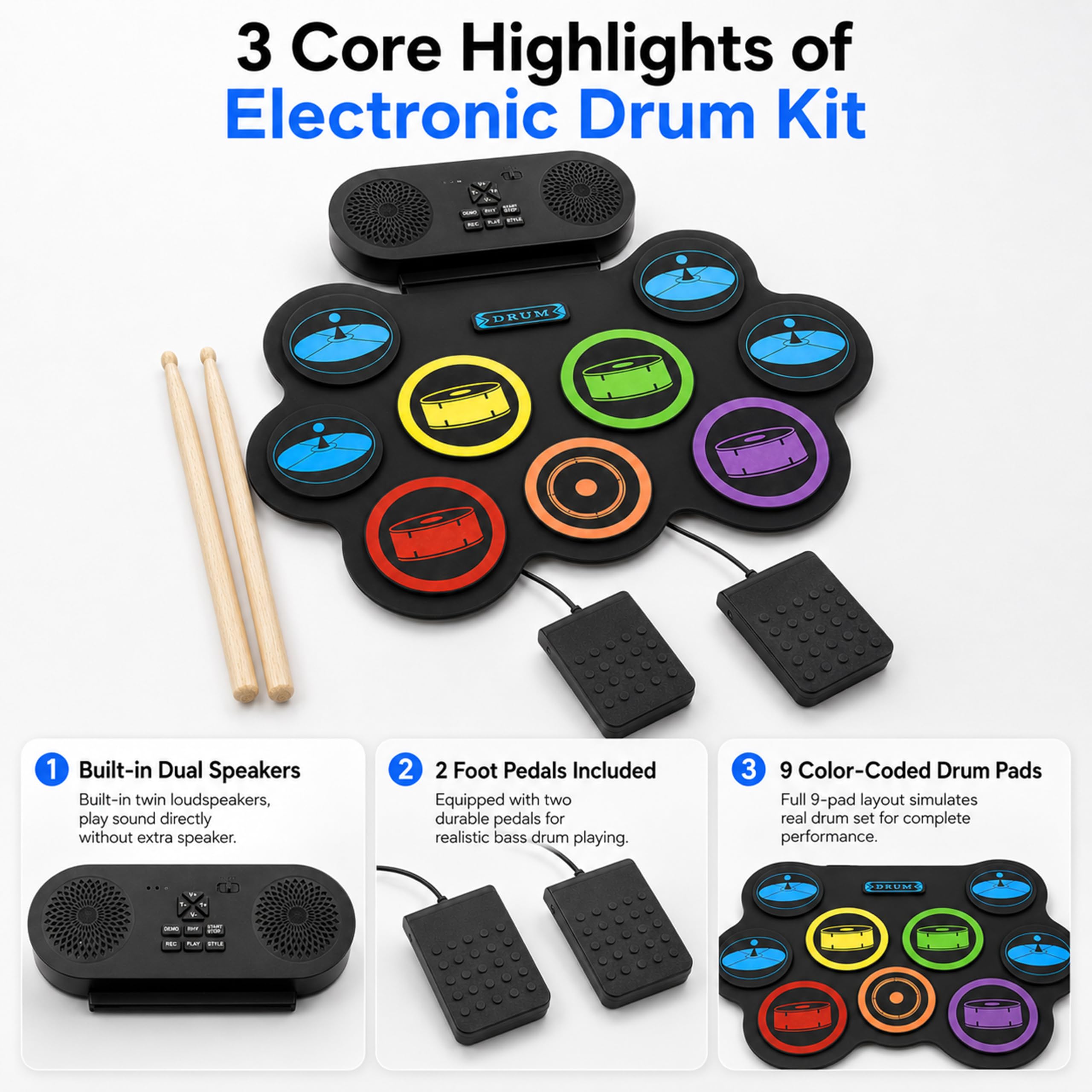 Batería Electrónica Portátil Enrollable para Niños y Adultos, 9 Almohadillas Silenciosas con Altavoz Bluetooth, Batería Musical para Principiantes, Kit Completo con Pedales y Baquetas