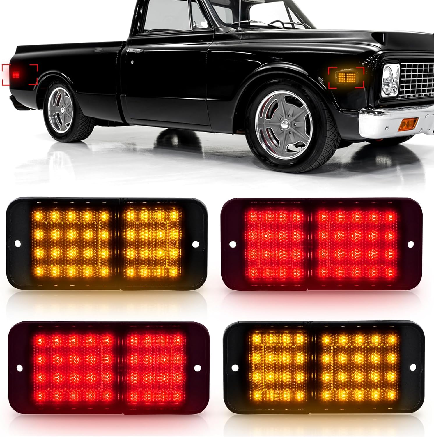 Bestview Side Marker Light Assembly Compatible with 1968-1972 Chevy C/K Series C10 GMC Series C1500 Suburban Blazer Jimmy Pickup Trucks, Amber Front & Red Rear Bumper Lamps, Smoked Lens 4PCS