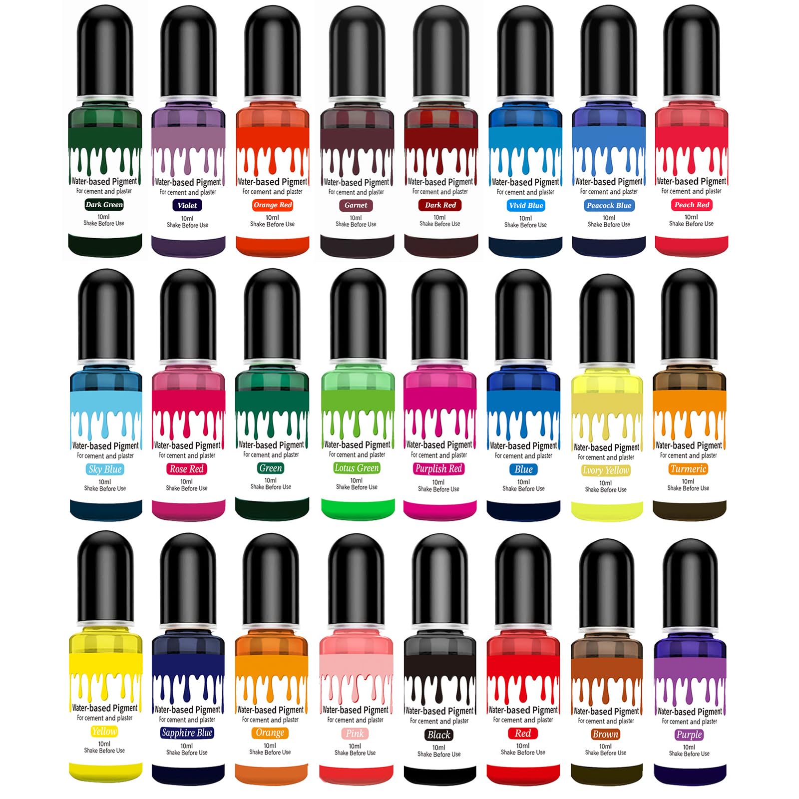 Pigmenti a Base d’Acqua 24 Colori Liquidi 10ml – Colorante per Gesso, Cemento, Resina Epossidica, Polvere da Colata, Artigianato DIY, Decorazioni Creative