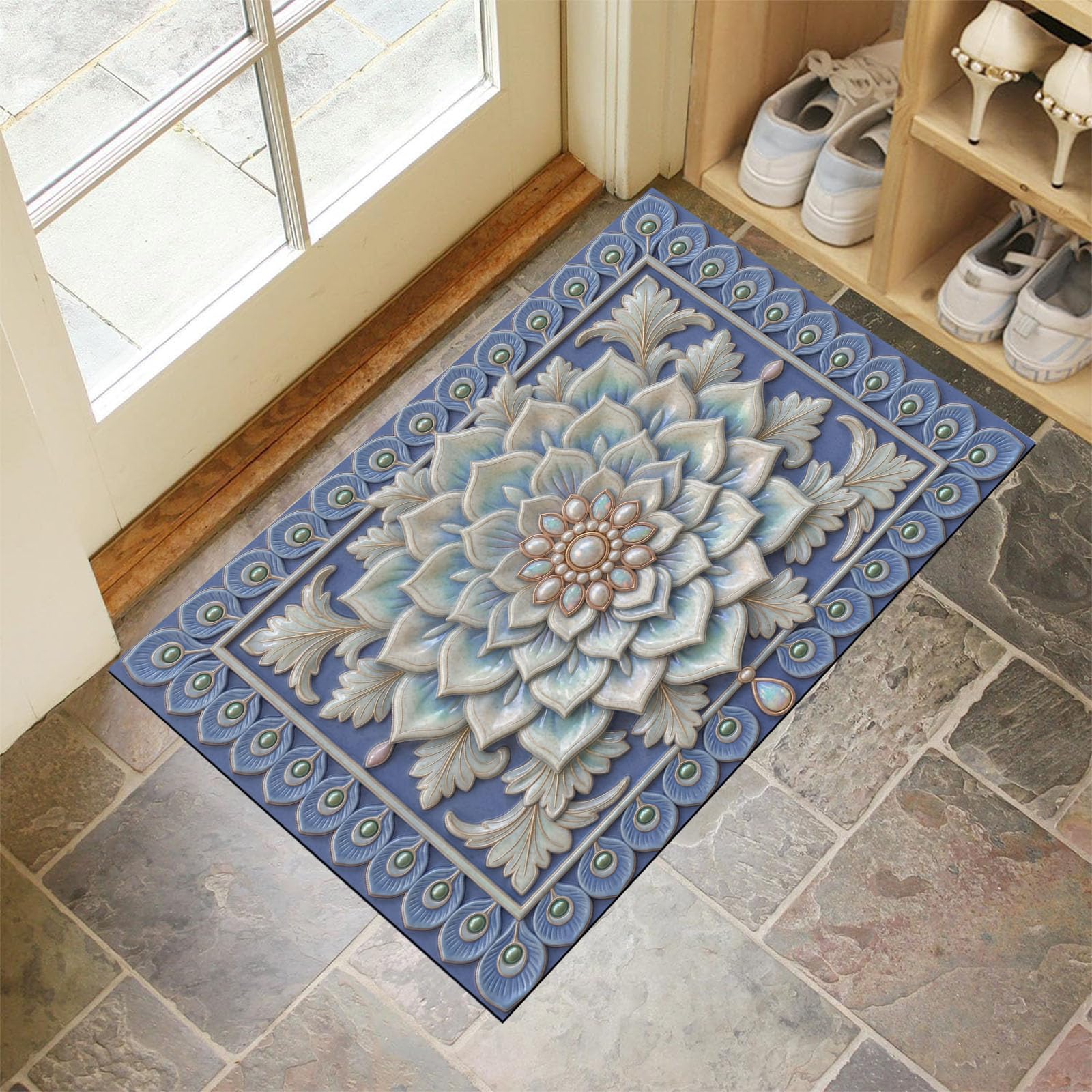 Zerbino Ingresso Interno Rilievo Tridimensionale A Forma Piuma Mandala, Zerbino Di Benvenuto Lavabile Morbida Fiori Perle Esotici, Antiscivolo Tappeto Da Decorazioni Blu Per Casa Porta, 90X150Cm