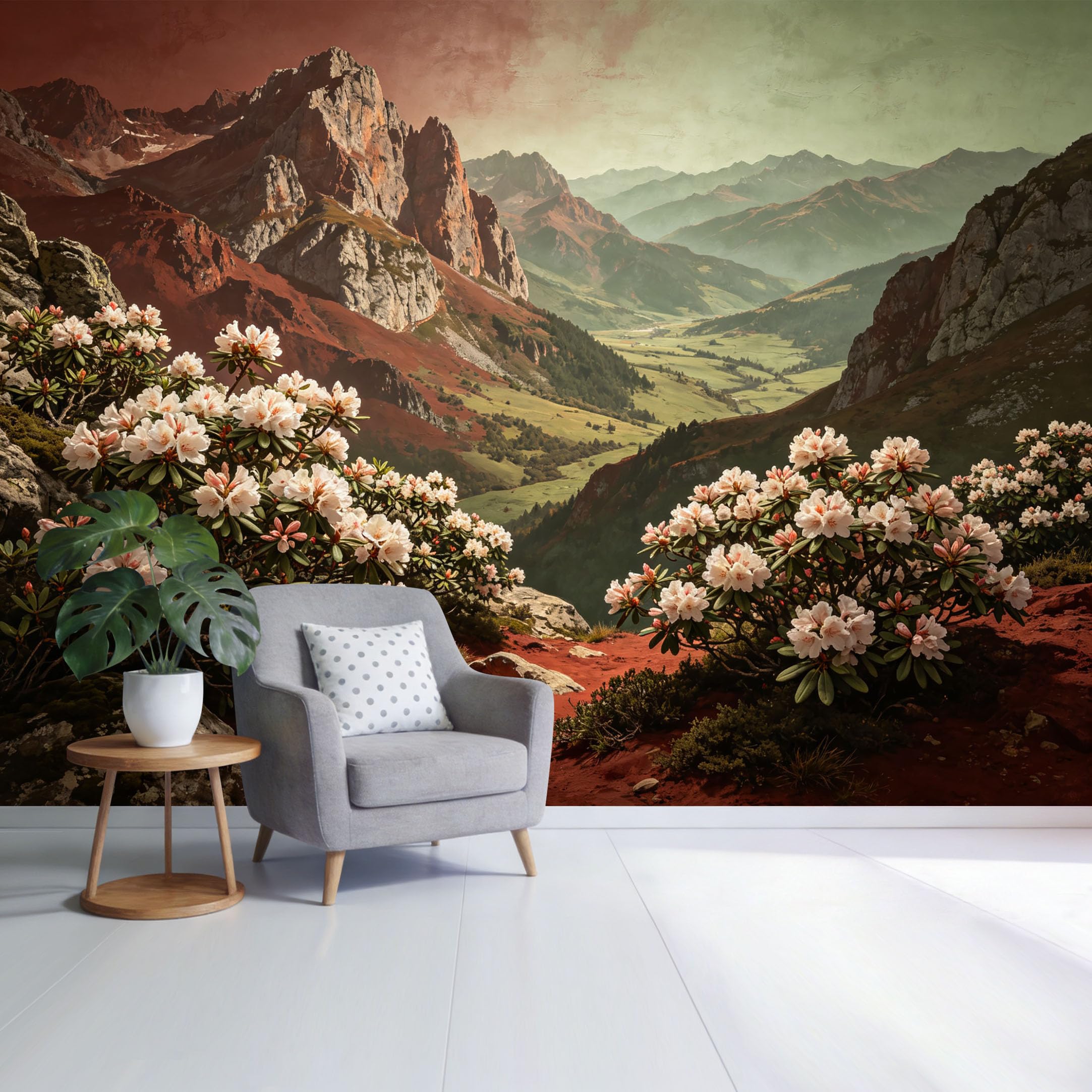 Custom Size Wall Mural Mountain Valley Landscape Blooming Rhododendron View Watercolor Style SelfAdhesive Wall Fabric Removable Wallpaper for Home Office Decor