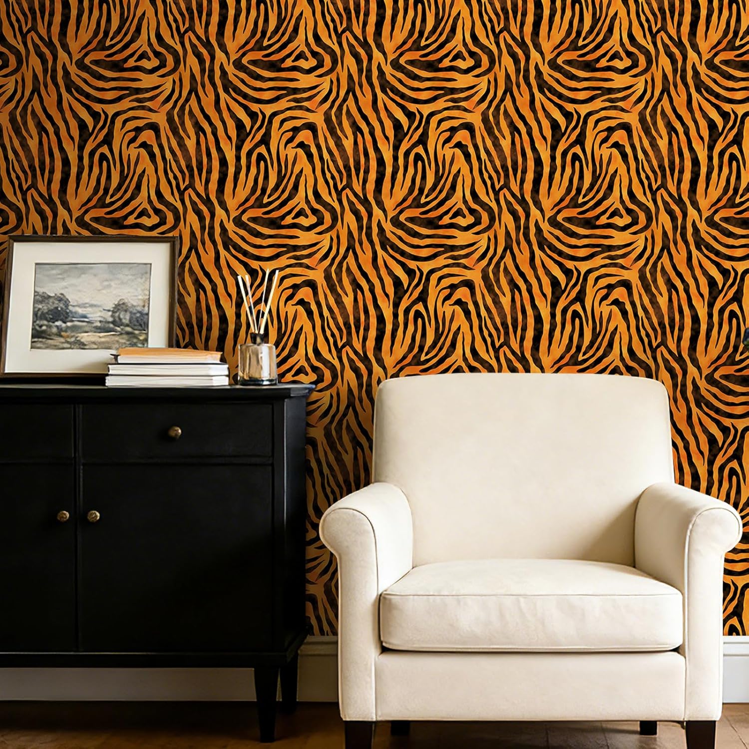 17.5x393" Tiger Peel and Stick Wallpaper Bold Funky Abstract Wallpaper for Bathroom Renter Friently Decorative Contact Paper for Cabinets Funky Bright Animal Print Cool Fun Large Fur Skin