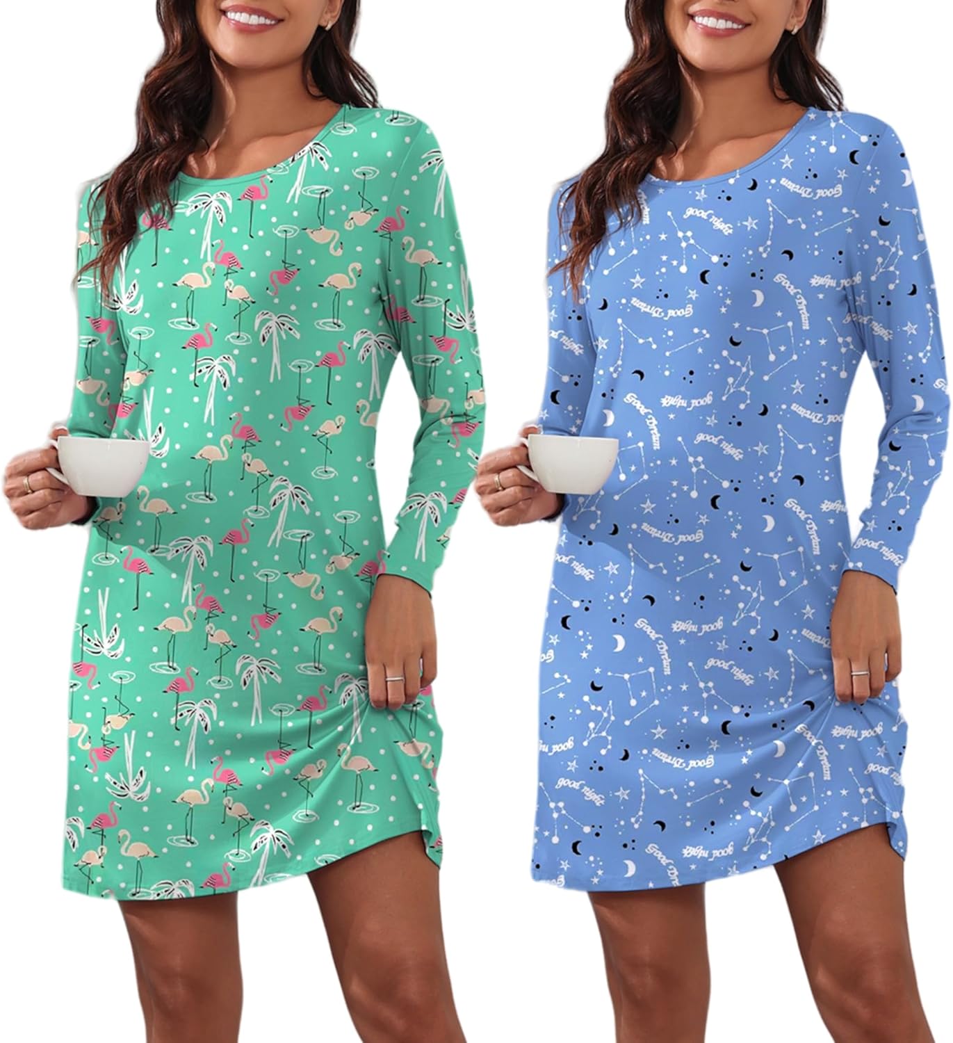 Ekouaer 2 Pack Long Sleeve Sleep Shirts for Women Soft Night Shirts ...