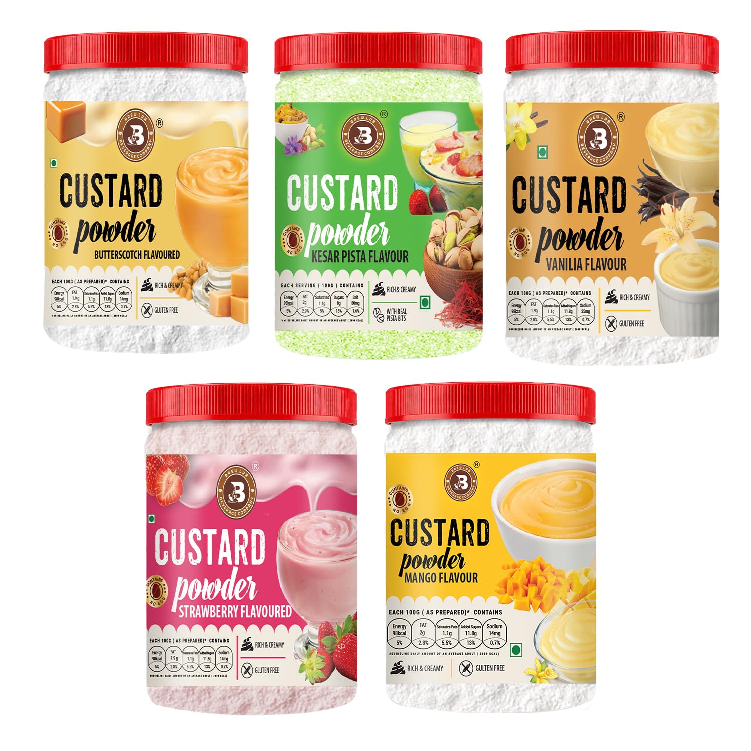 Instant Custard Powder Combo Pack 75 gm each | Vanilla,Butterscotch, Kesar Pista , Strawberry & Mango Flavoured Dessert Mix | Smooth & Creamy Custard for Fruit Custard, Cakes, Pudding & Baking