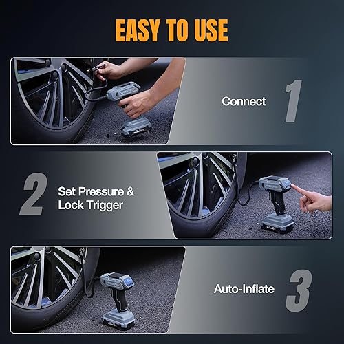 Miniatura 8 de WORKPRO Compresor de aire portátil para inflador de neumáticos, bomba de neumáticos inalámbrica de 150 PSI con medidor de presión digital, inflado