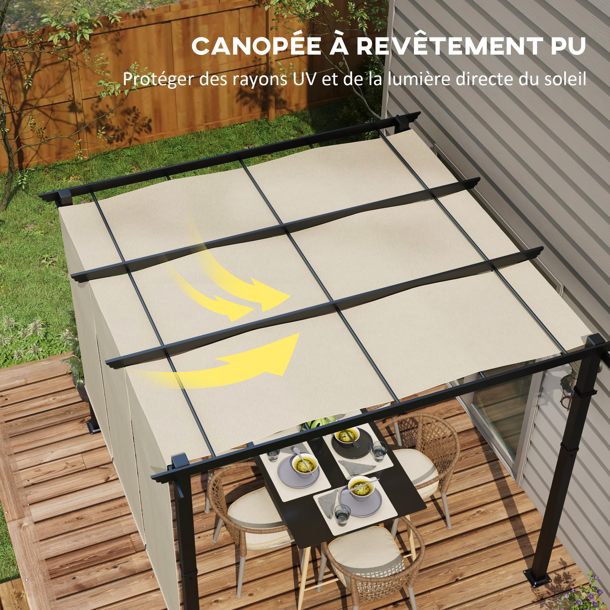 Outsunny Pergola avec 3 Toiles Coulissantes 3 x 3 x 2,38 m, Structure Acier Noir, Toile Polyester Haute Densité Beige