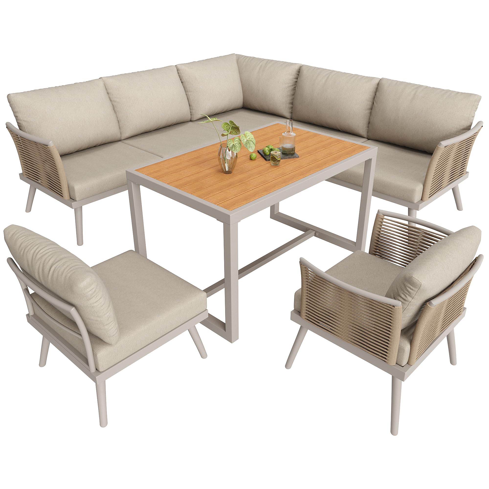 Gartenmöbel Set, L-förmiges Gartenmöbel Lounge, Geeignet für 7 Personen, mit Geflochtenen Armlehnen, Terrassenmöbel Wetterfest Eckgarnitur aus Eisen, Mit Polstern & Kissen, Balkonmöbel, Beige