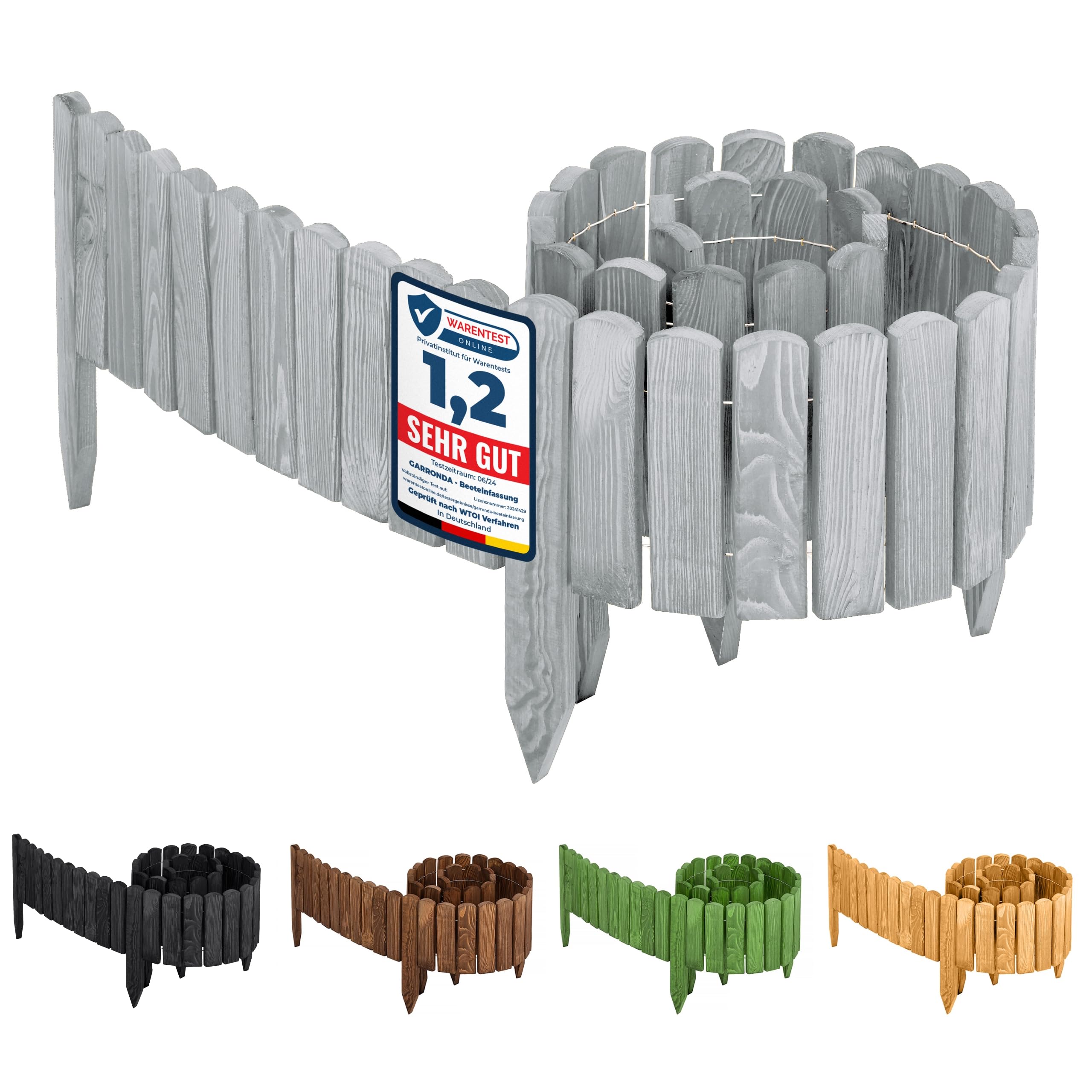 Garronda Rasenkante Beeteinfassung aus Holz flexibel 200 x 20 cm Rollborder für Rasen und Beet Beetumrandung und Beetbegrenzung Gartenzaun zum Stecken Holzzaun GD-0046 (Grau)