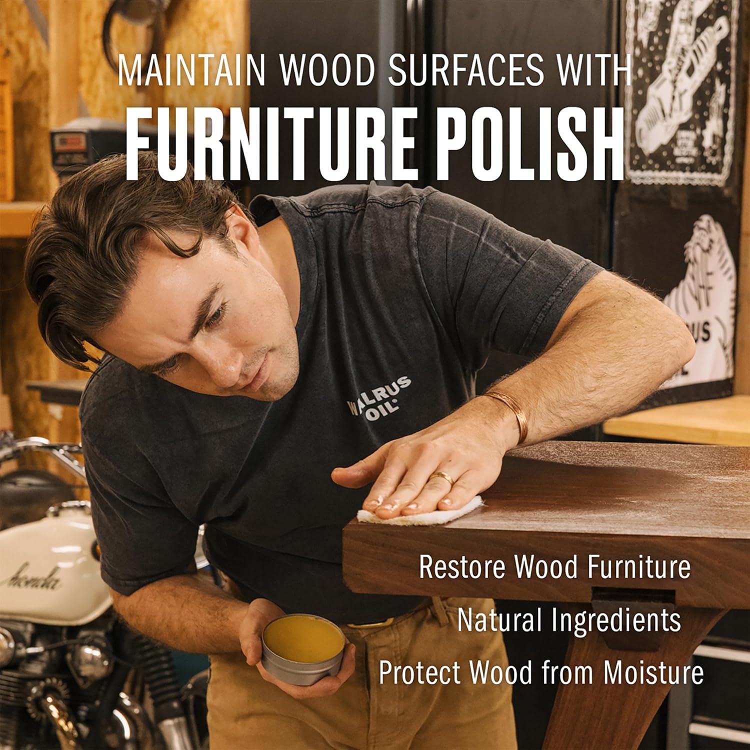 WALRUS OIL - Furniture Wax Polish - Easy to Use Wood Maintenance and Polishing Wax for Furniture and Wooden Surfaces. 3oz Can
