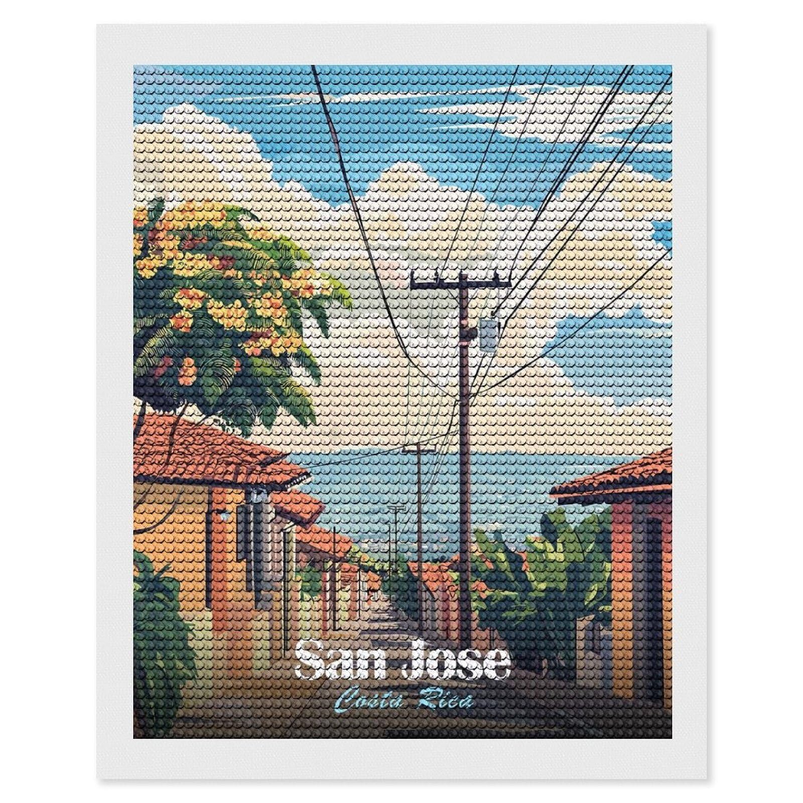 Junmoney San Jose, Costa Rica Travel DIY Diamond Art Canvas Kit 16"x20", Simple to Start, Fun Craft Experience, Modern Decor, Gift Idea, Adhesive Canvas